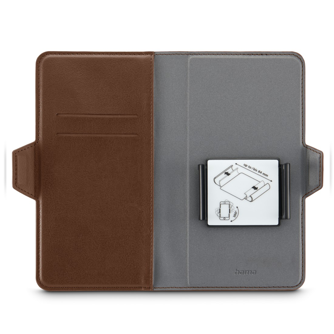 Eine braune und graue Tablet-Hülle, geöffnet, um den Tablethalter zu zeigen.