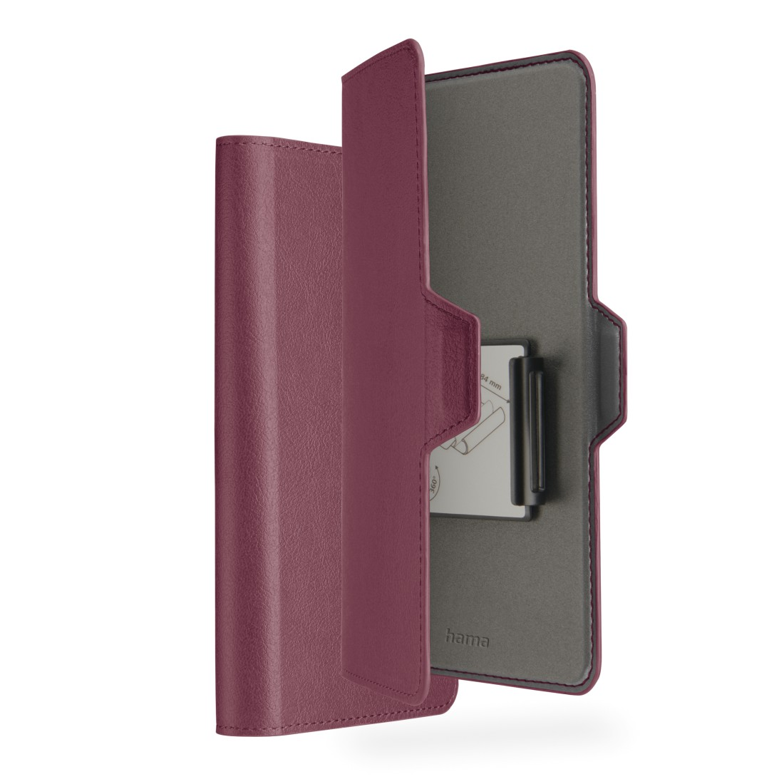 Rote Leder-Tablettasche, geöffnet, um das Innere und einen Tablethalter zu zeigen.