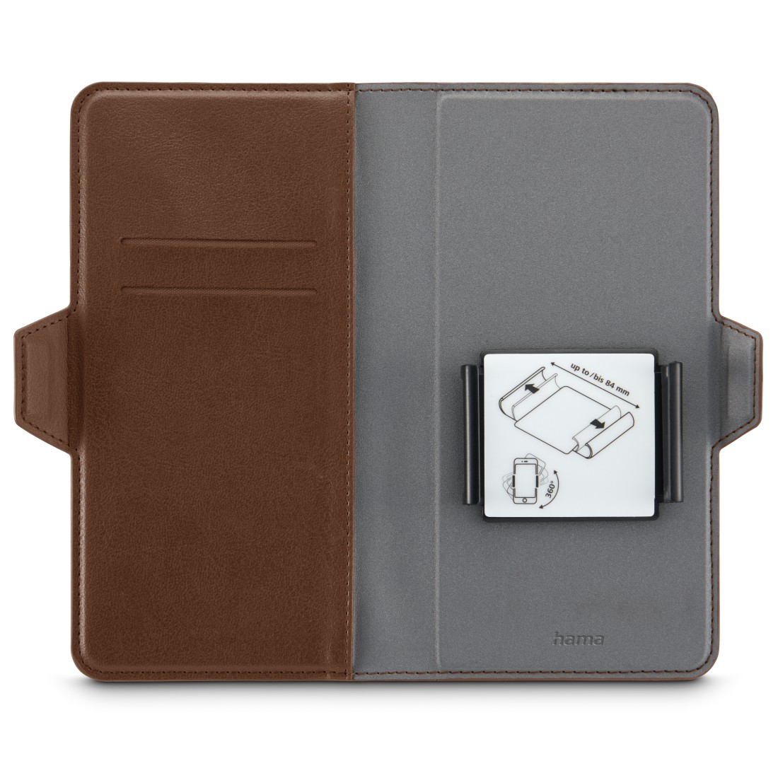 Eine braune und graue Tablethülle, geöffnet, mit einem Tablet darin, das Innere zeigend.