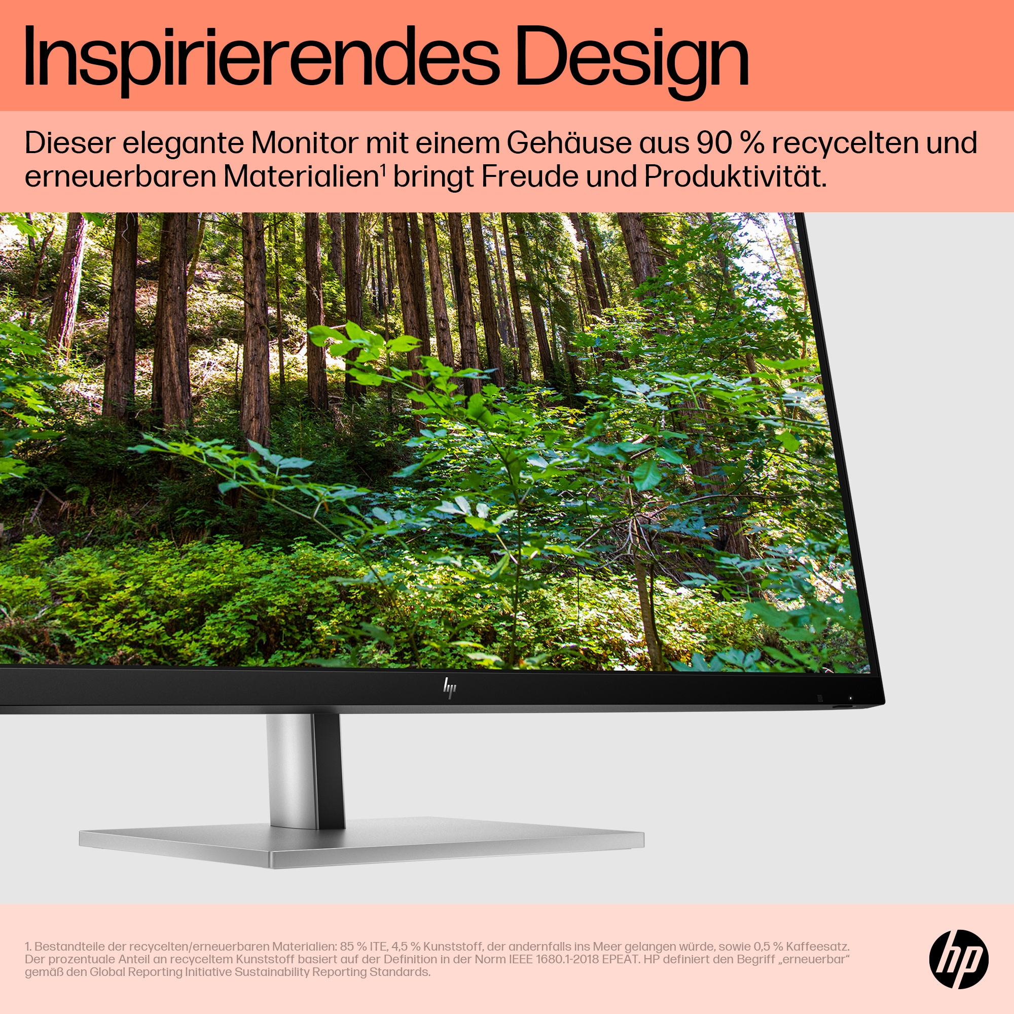 Ein Monitor mit einer Waldszene auf dem Bildschirm. Text darüber auf Deutsch, weißer Hintergrund.