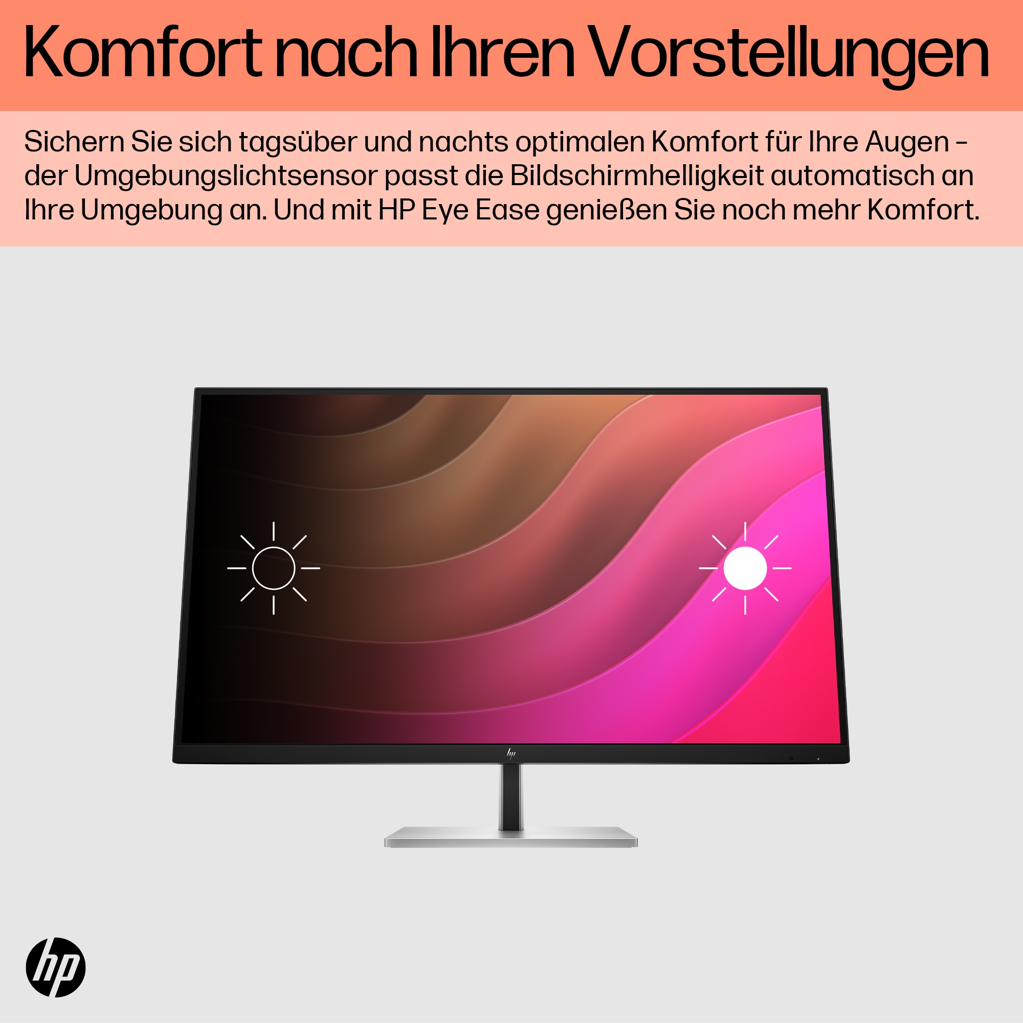 Ein Computermonitor zeigt einen Farbverlauf mit dem HP-Logo.