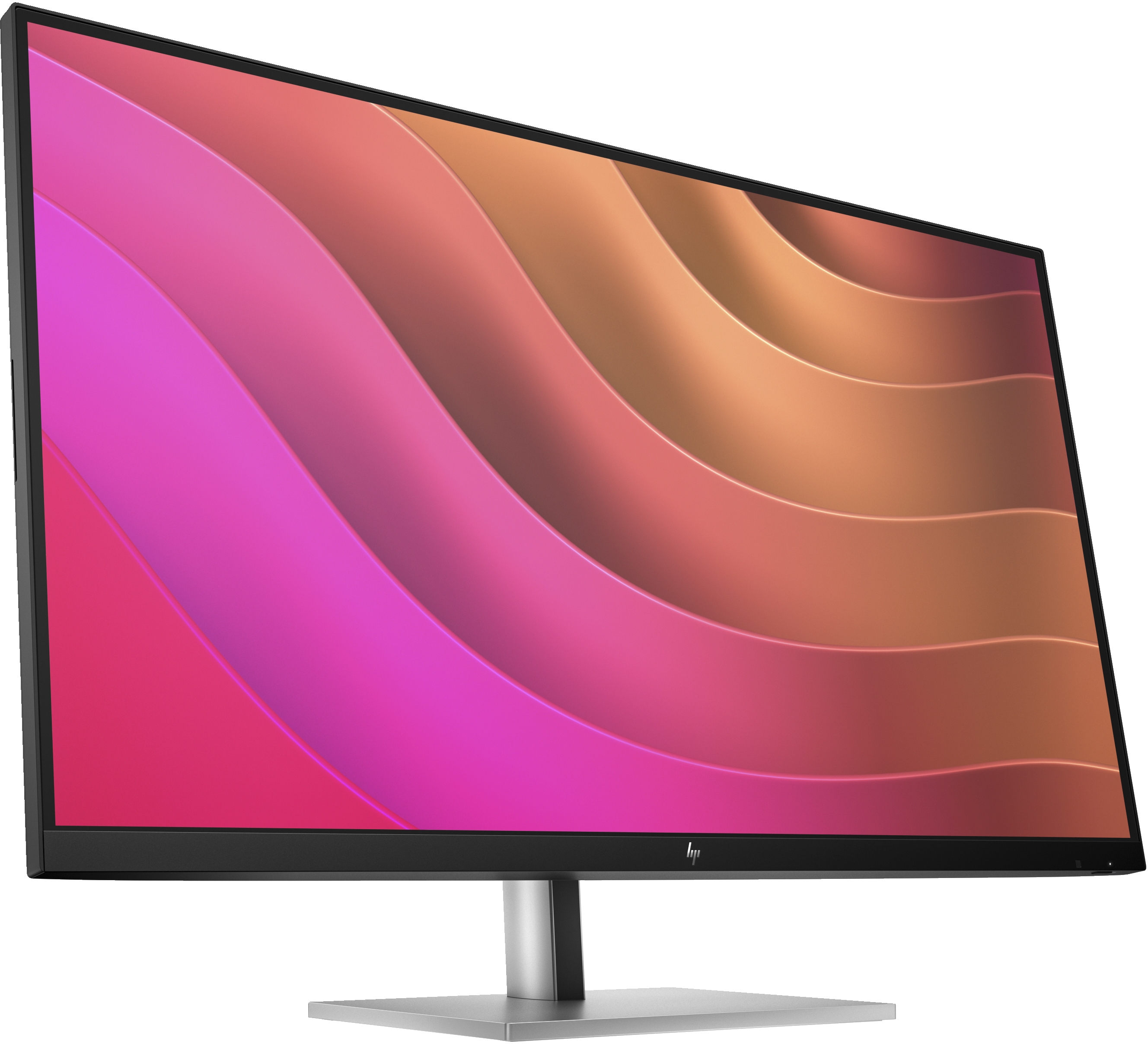 Ein Computermonitor mit farbenfrohen, gebogenen Streifen vor einem schwarzen Rahmen auf weißem Hintergrund.