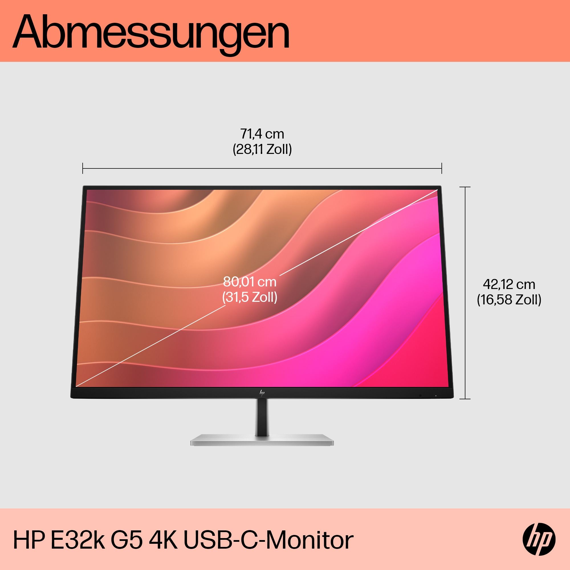 Ein Computermonitor mit Abmessungen, zeigt ein rosa-braunes Design.
