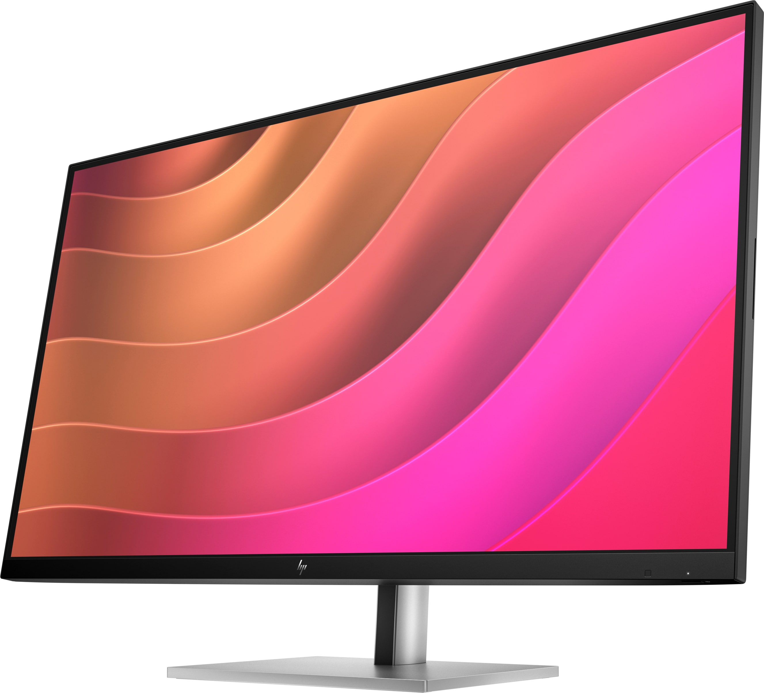 Computermonitor mit buntem, abstraktem Hintergrund. Silberner Fuß und schwarzer Rahmen.