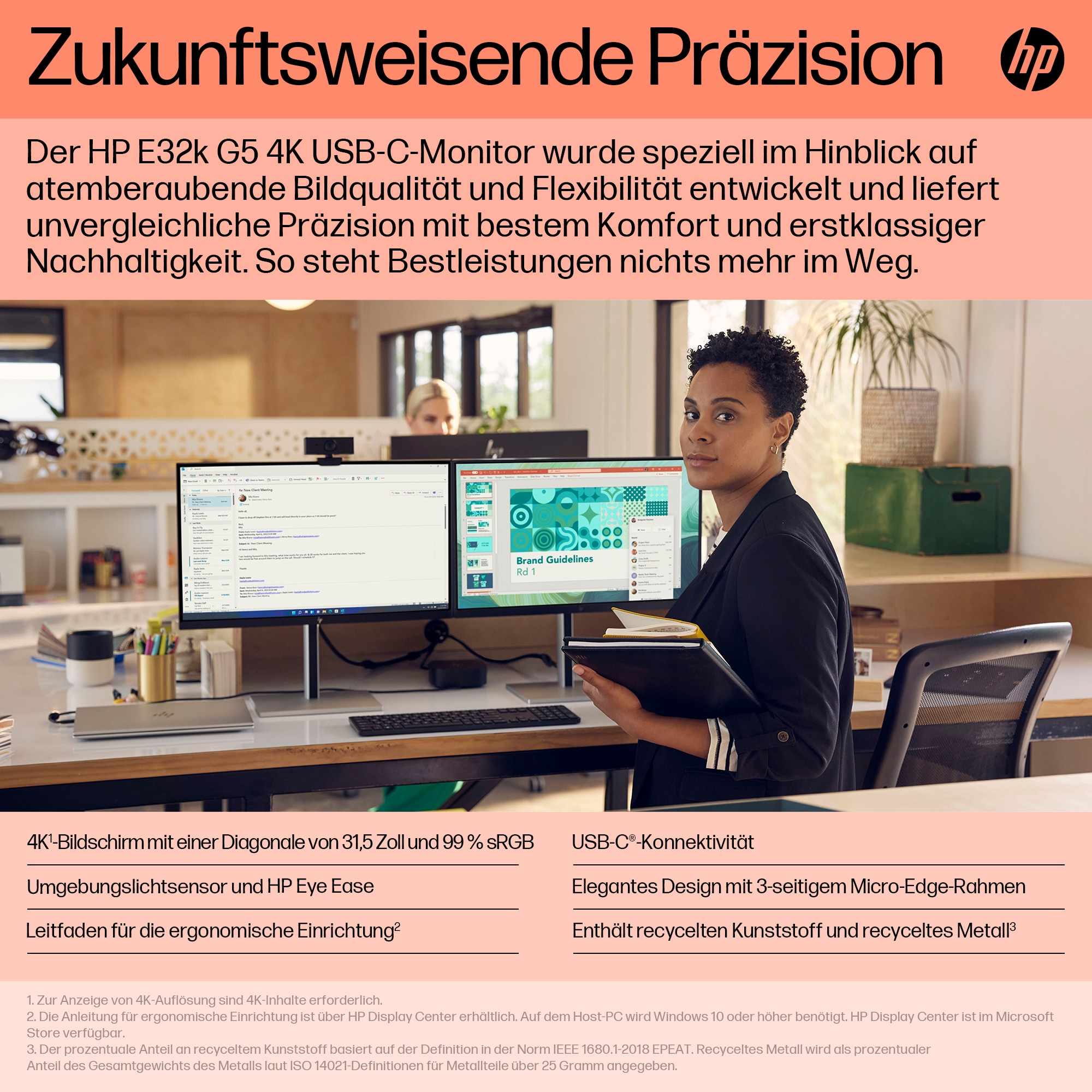 Frau und zwei Monitore mit Text und Bildern. Text: Zukunftweisende Präzision.