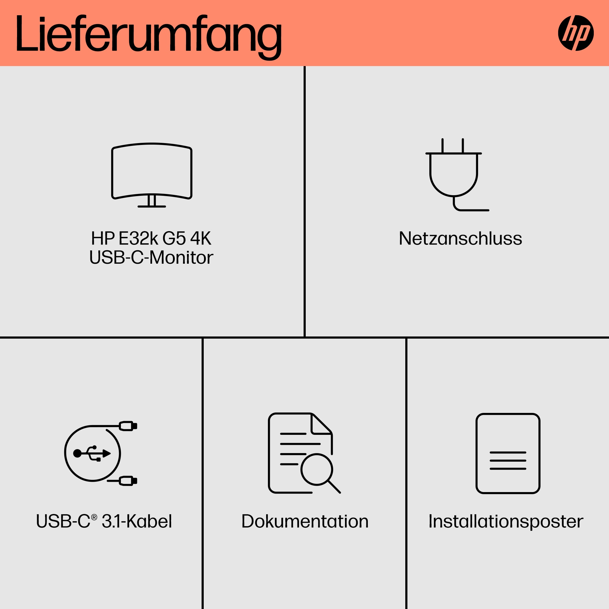 Das Bild zeigt die Komponenten eines HP-Monitors.