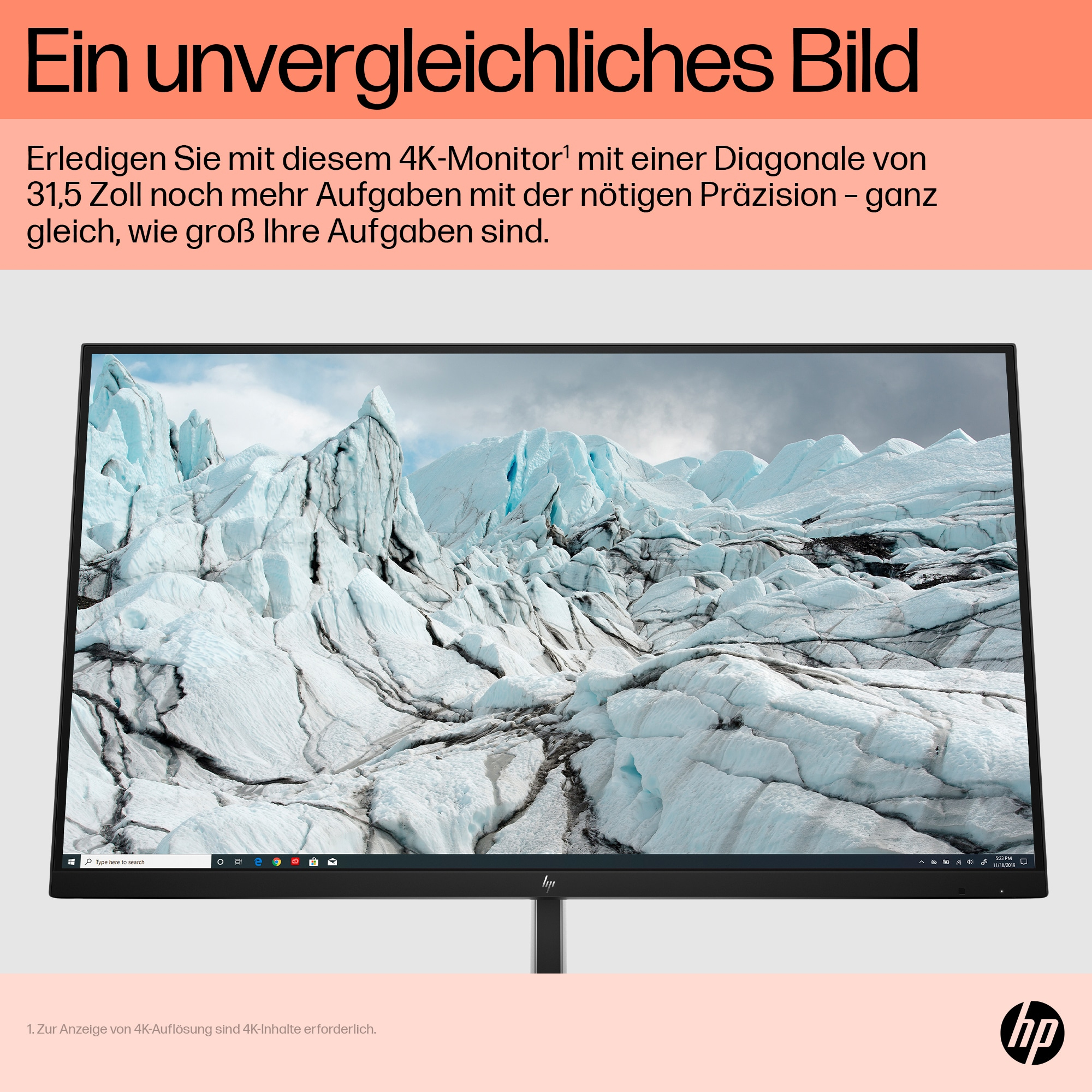 Ein Monitor, der eine Gletscherlandschaft zeigt, mit Text darüber. Der Monitor hat einen schwarzen Rahmen.