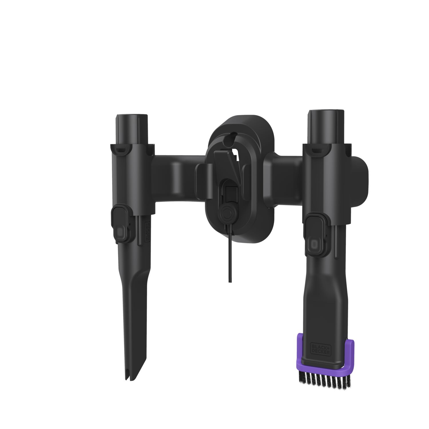 Beyaz zemin üzerinde Black and Decker elektrikli süpürge ataşmanları. Bir fırça ve bir köşe aracı içerir.