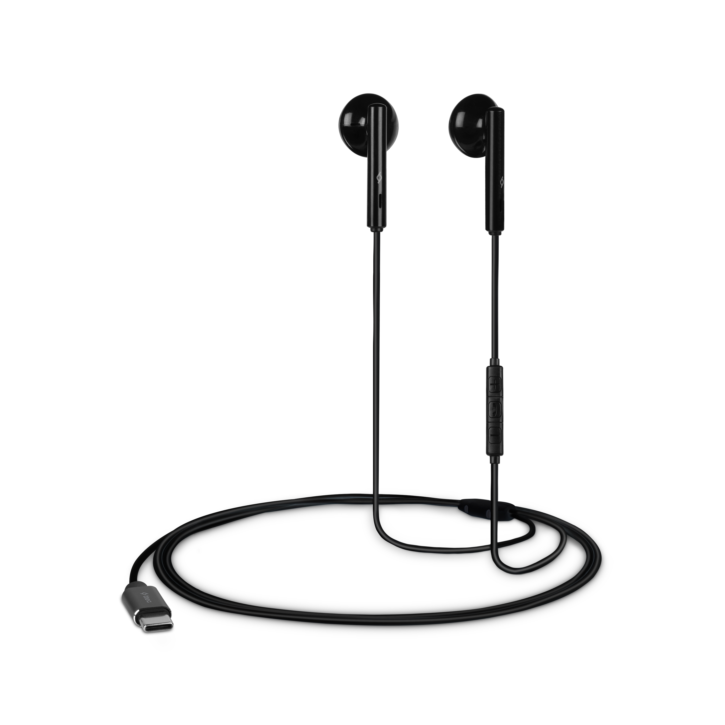 Siyah kulaklıklar ve siyah bir arka plan üzerinde bir USB-C kablosu. Kabloya bağlı kulaklıklar.