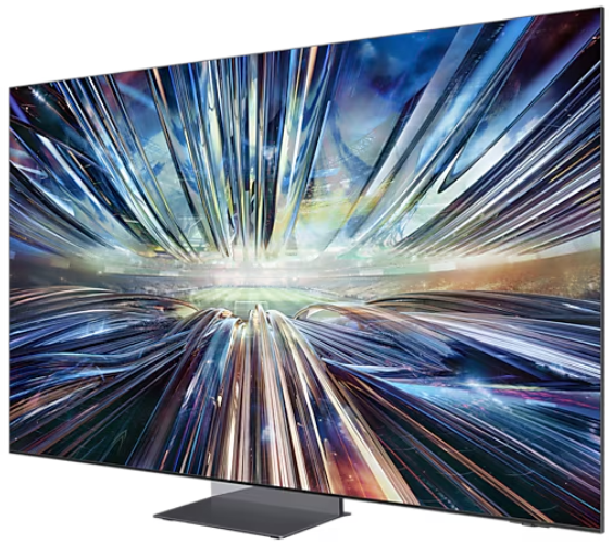Duży telewizor z płaskim ekranem wyświetla kolorowy, abstrakcyjny obraz z chromowanym stojakiem.