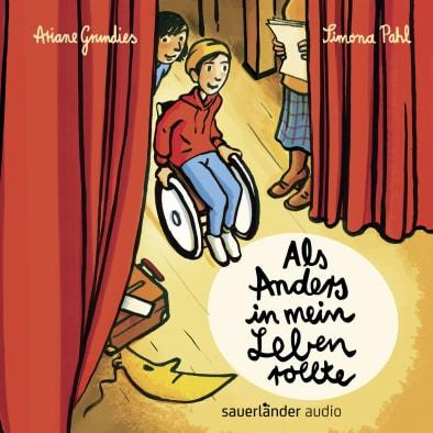Buchcover mit einem Kind im Rollstuhl auf einer Bühne, roten Vorhängen und Text.