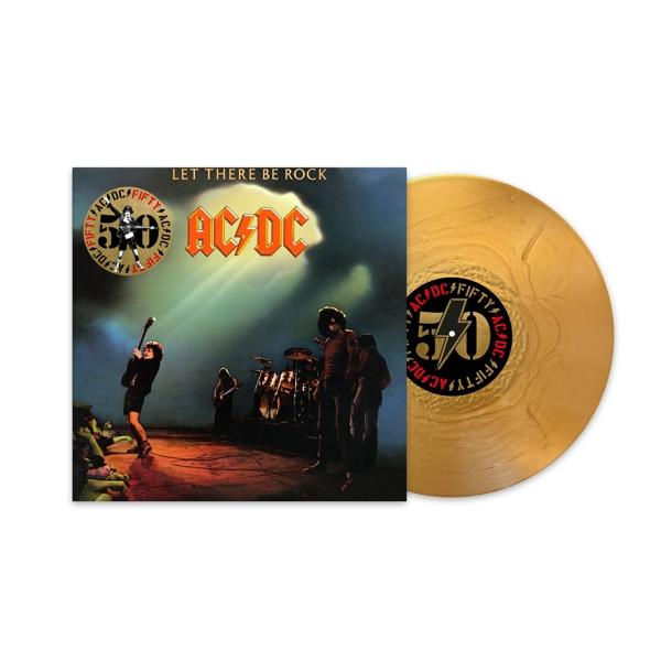 AC/DC's "Let There Be Rock" Albumcover mit goldener Vinylplatte.