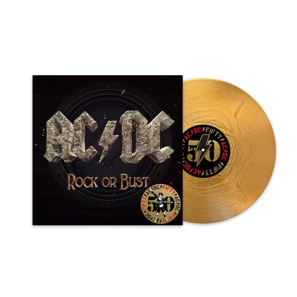 AC/DC Rock or Bust goldene Vinyl-Schallplatte mit Albumcover und Logo rechts.