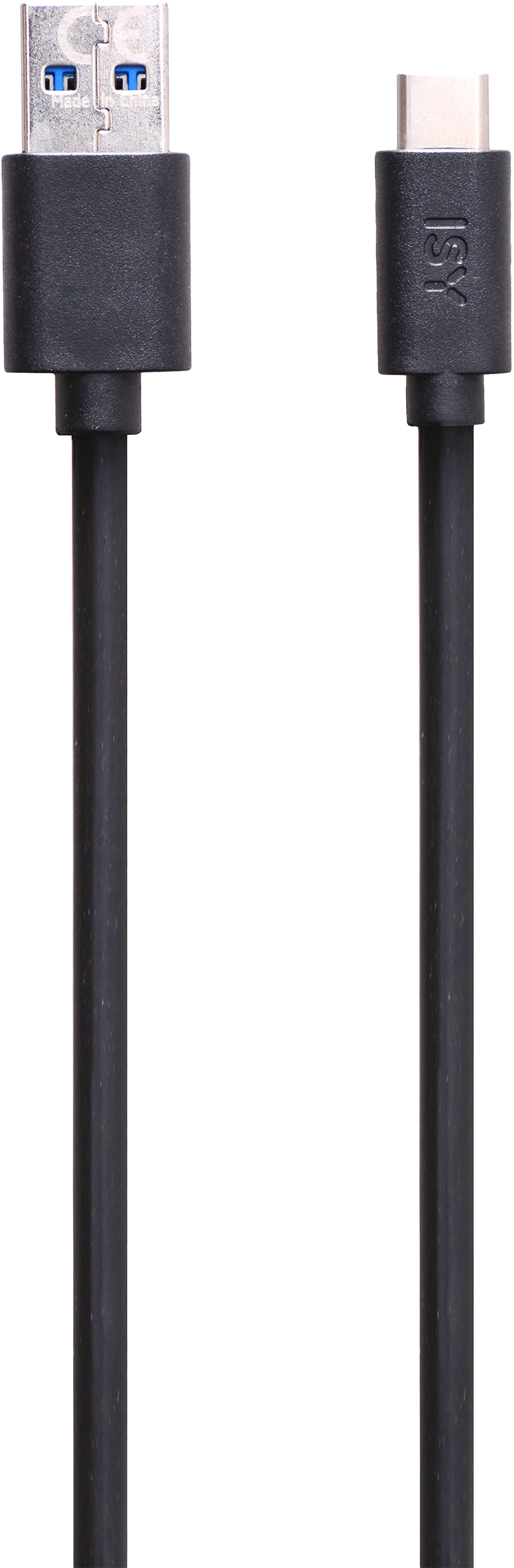 Fekete USB-USB-C kábel, egyenes, fekete háttéren izolálva, csatlakozók.