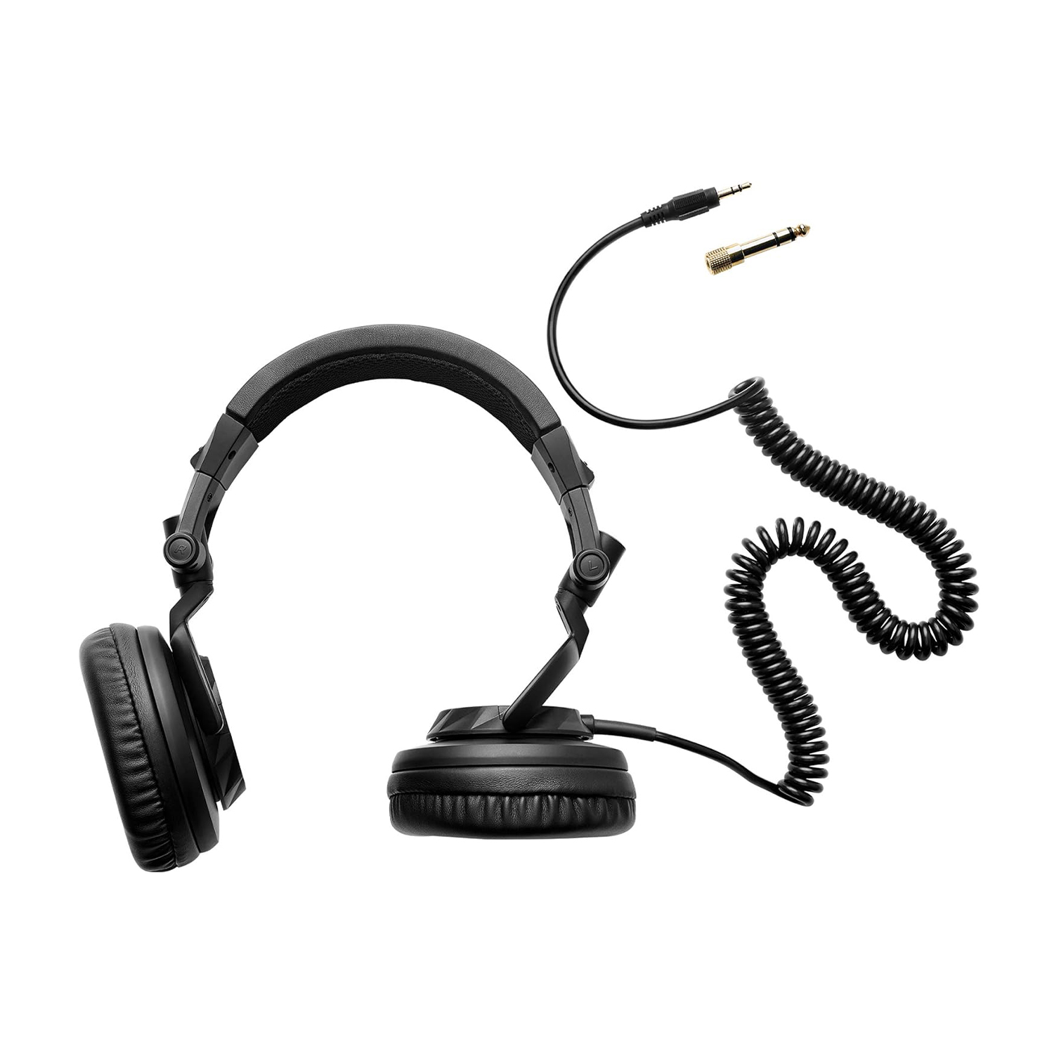 Cuffie nere con cavo a spirale e due jack, isolate su bianco.