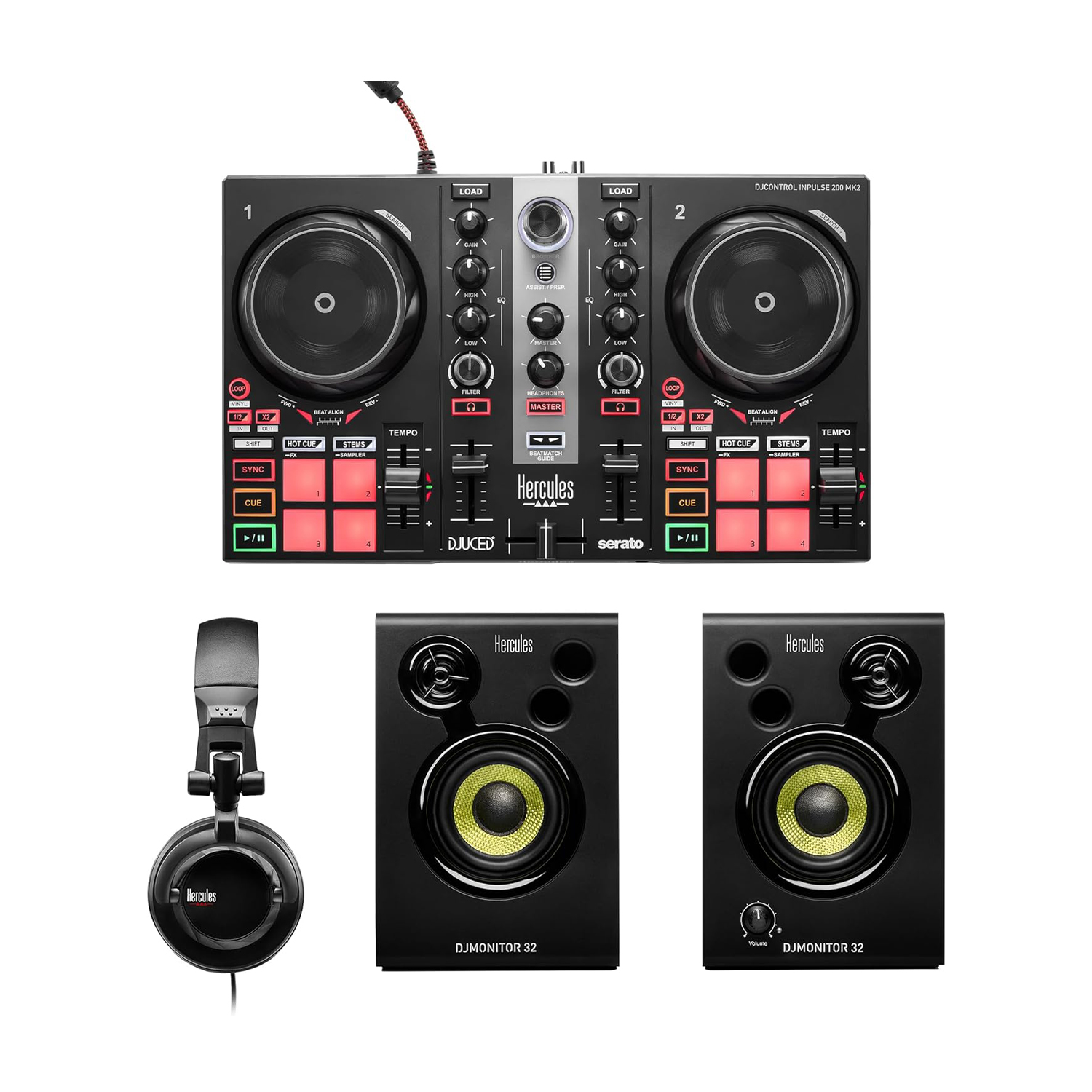 Un mixer DJ con due giradischi, un paio di cuffie e due altoparlanti monitor DJ, tutti neri.