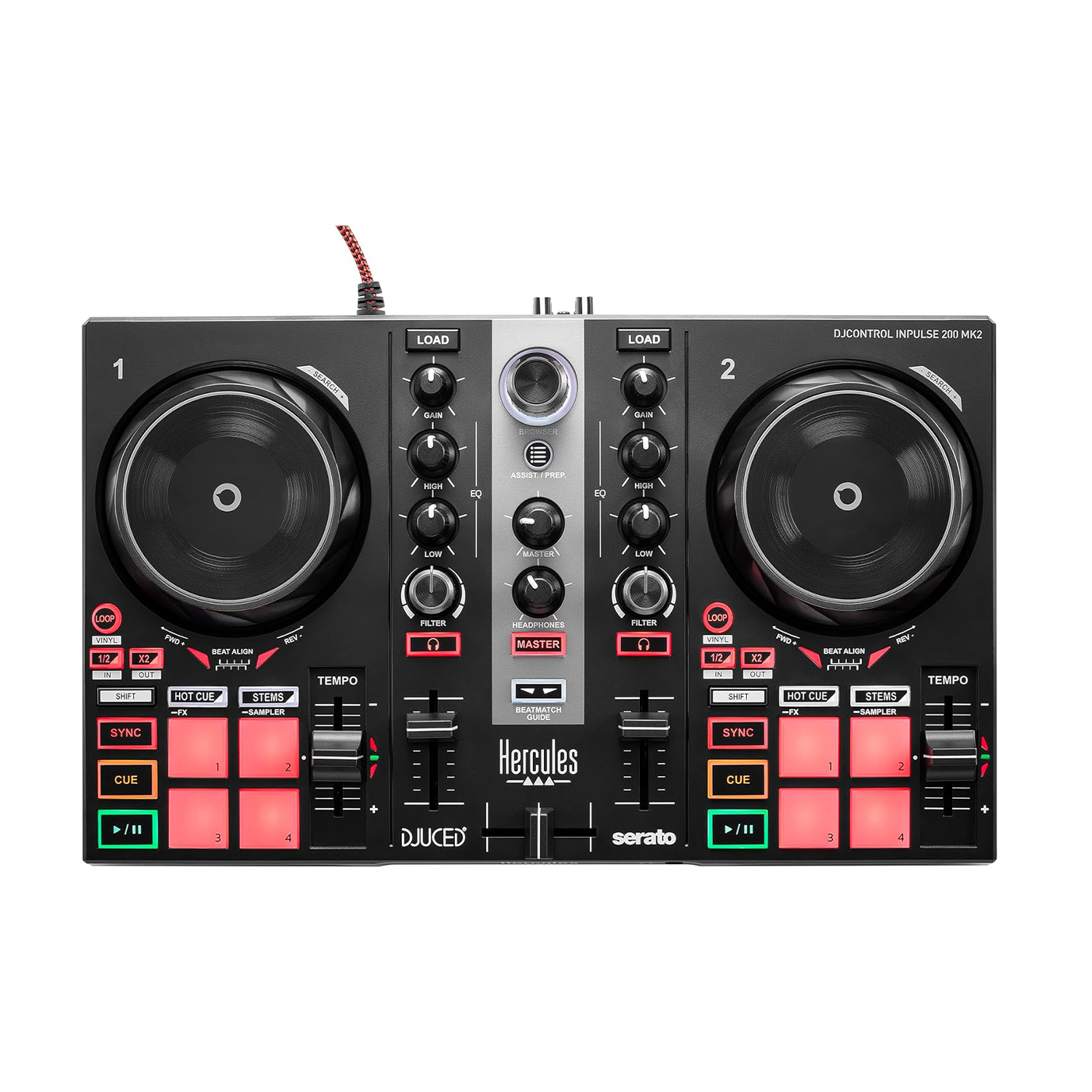 Controller DJ con due giradischi, pulsanti e cursori, su sfondo bianco.