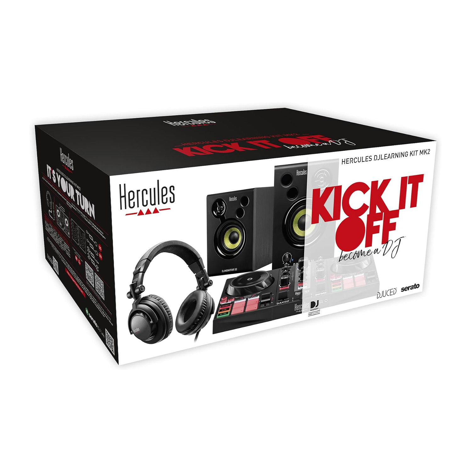 Scatola del kit di apprendimento DJ con cuffie, altoparlanti e consolle di missaggio.