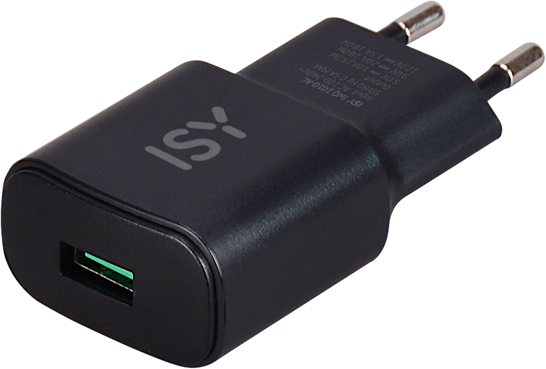Egy fekete ISY töltő USB porttal.