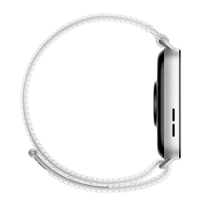 Smartwatch z białym paskiem, widok z boku, pokazujący tarczę i pasek.