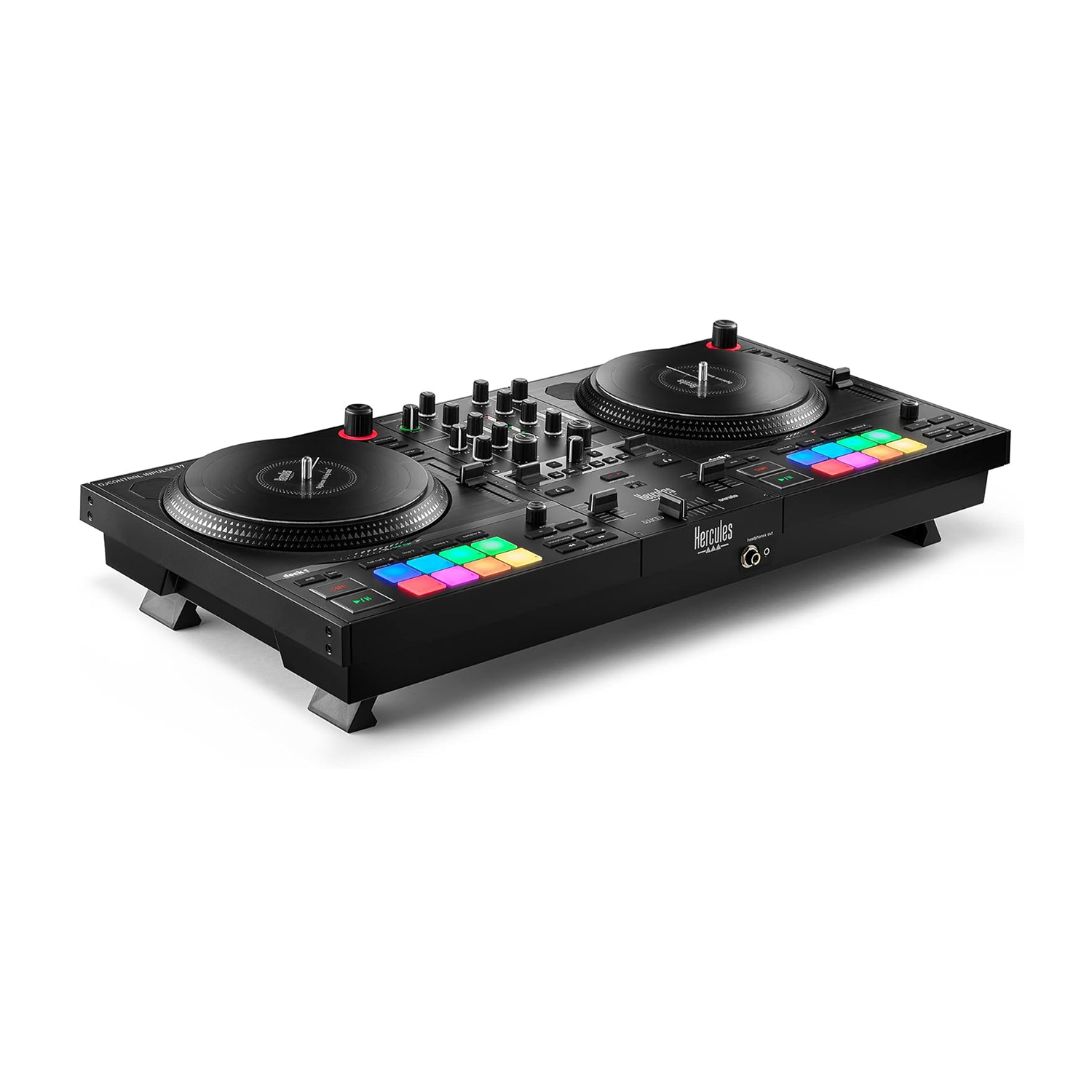 Un controller DJ Hercules nero con due giradischi, pulsanti e manopole.
