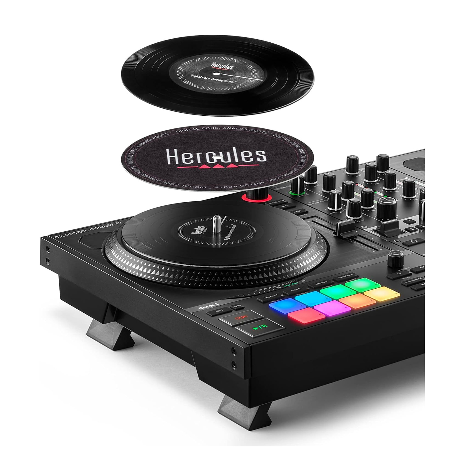 Controller DJ con un disco in vinile sopra. Logo Hercules al centro.