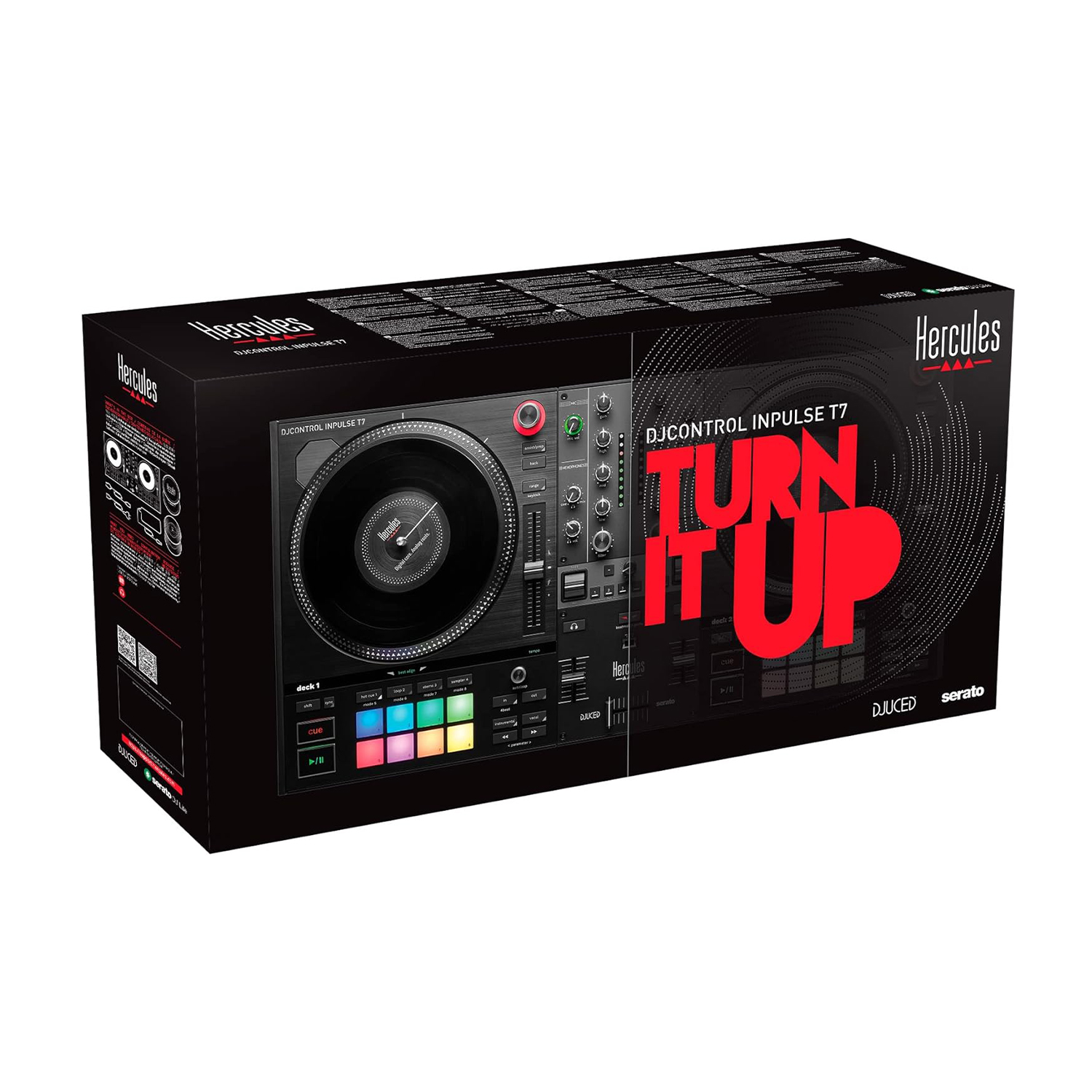 Una scatola nera per controller DJ con design giradischi e testo rosso.