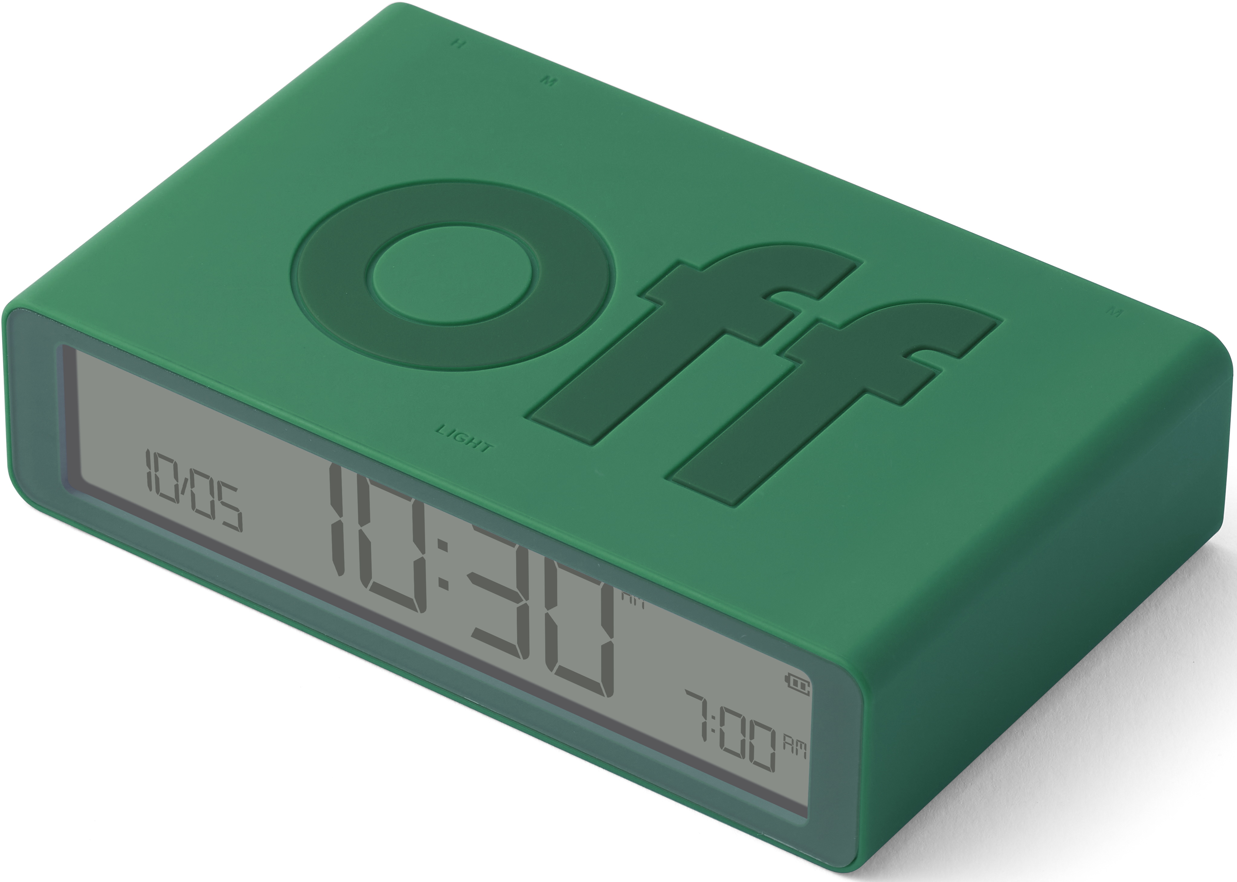 Una sveglia verde con la scritta "off" sulla facciata. Visualizza ora e data.