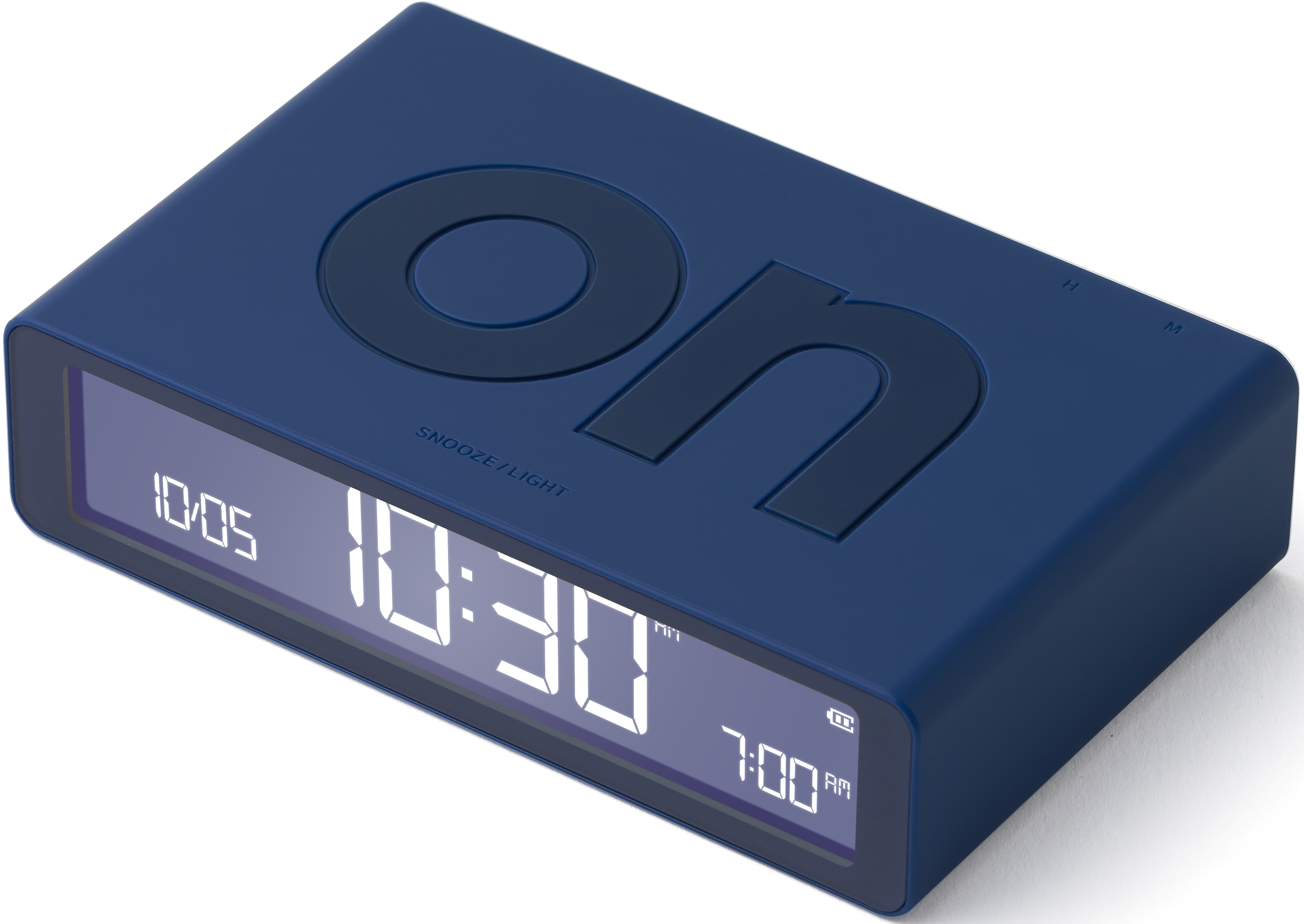 Blauer digitaler Wecker mit 10:30 Uhr und Schlummertaste.
