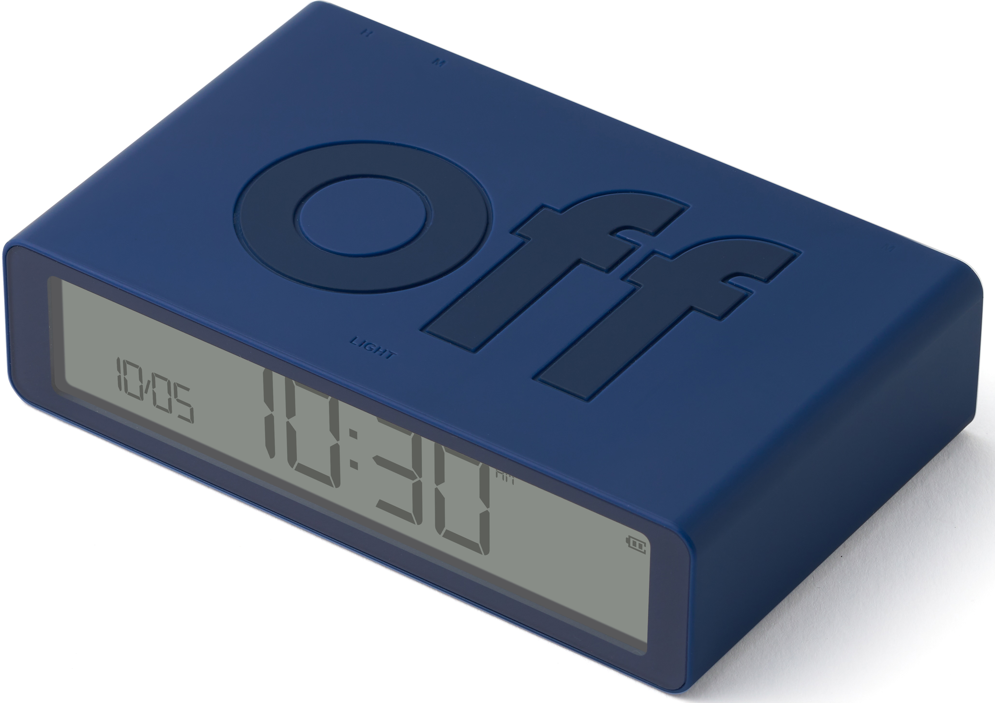 Blauer digitaler Wecker, mit dem Wort 'off' prominent angezeigt.