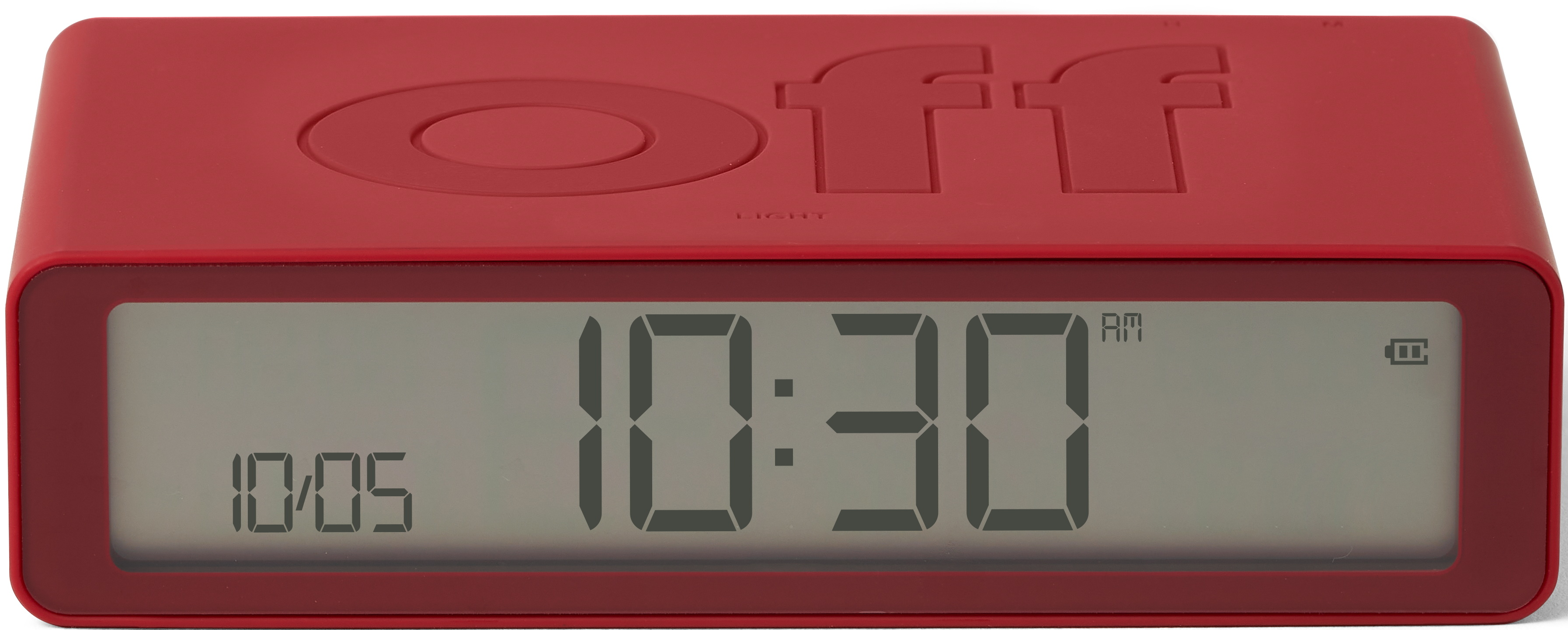 Sveglia digitale rossa con 10:30 AM e 10/05. La parola 'off' è in alto.