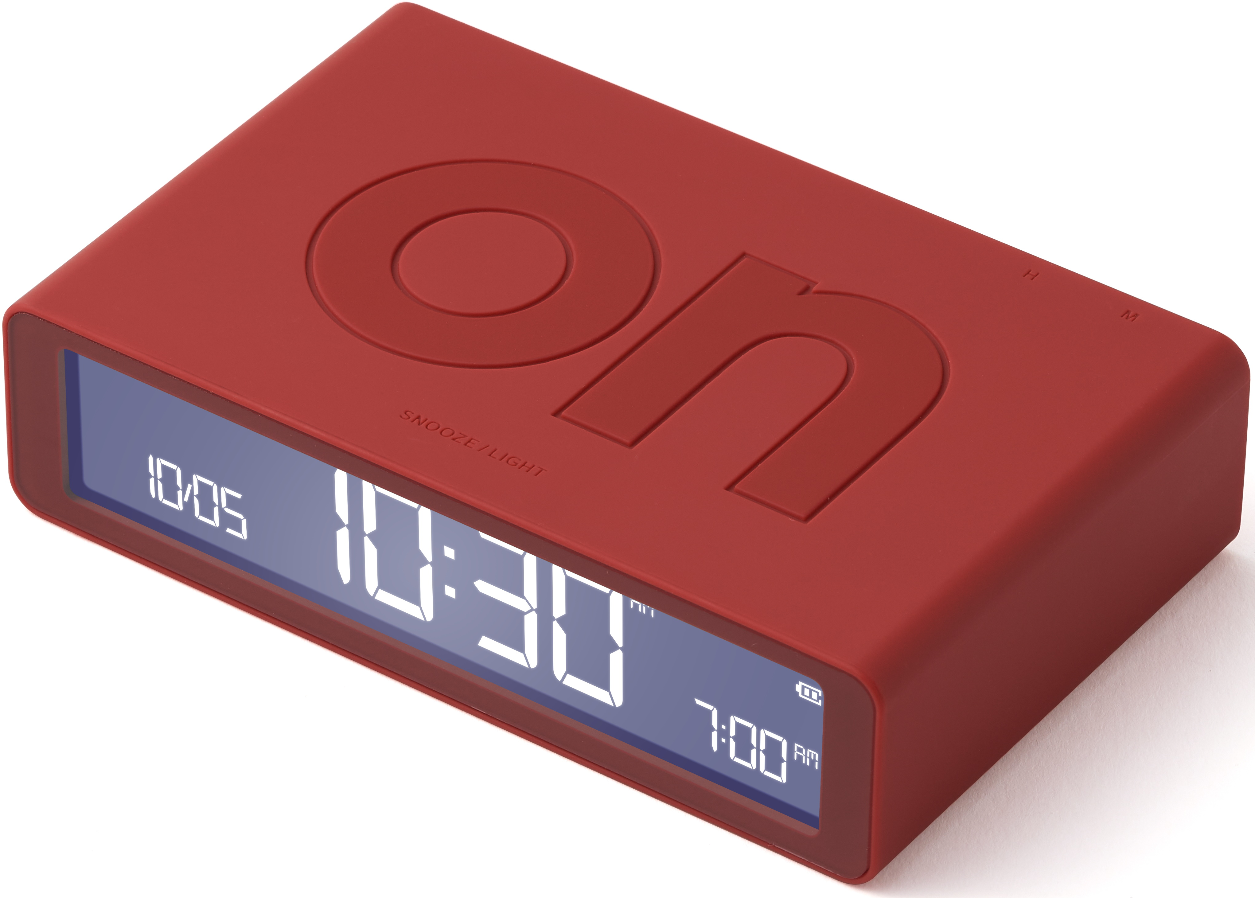 Sveglia rossa con display digitale che mostra l'ora.