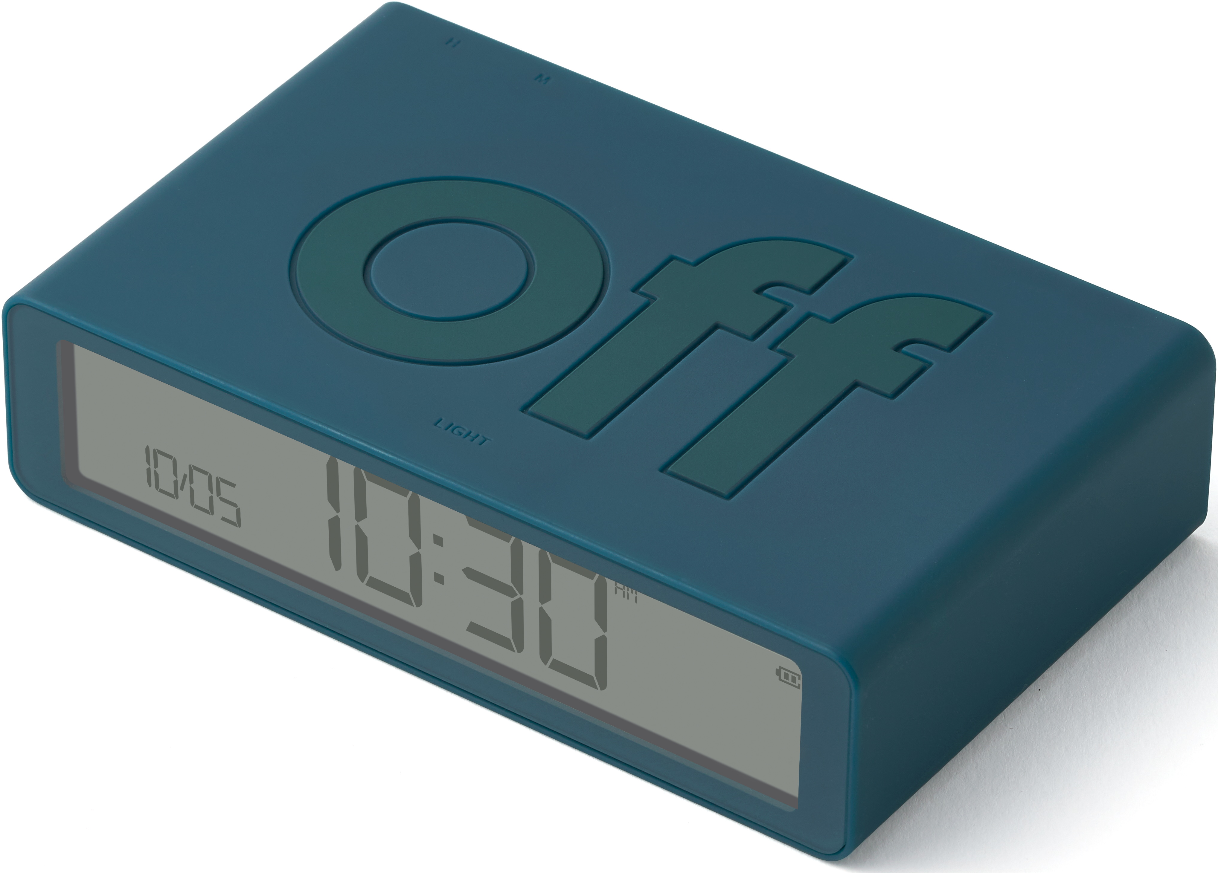Una sveglia blu mostra le 10:30 AM. La parola "off" è stampata in verde.