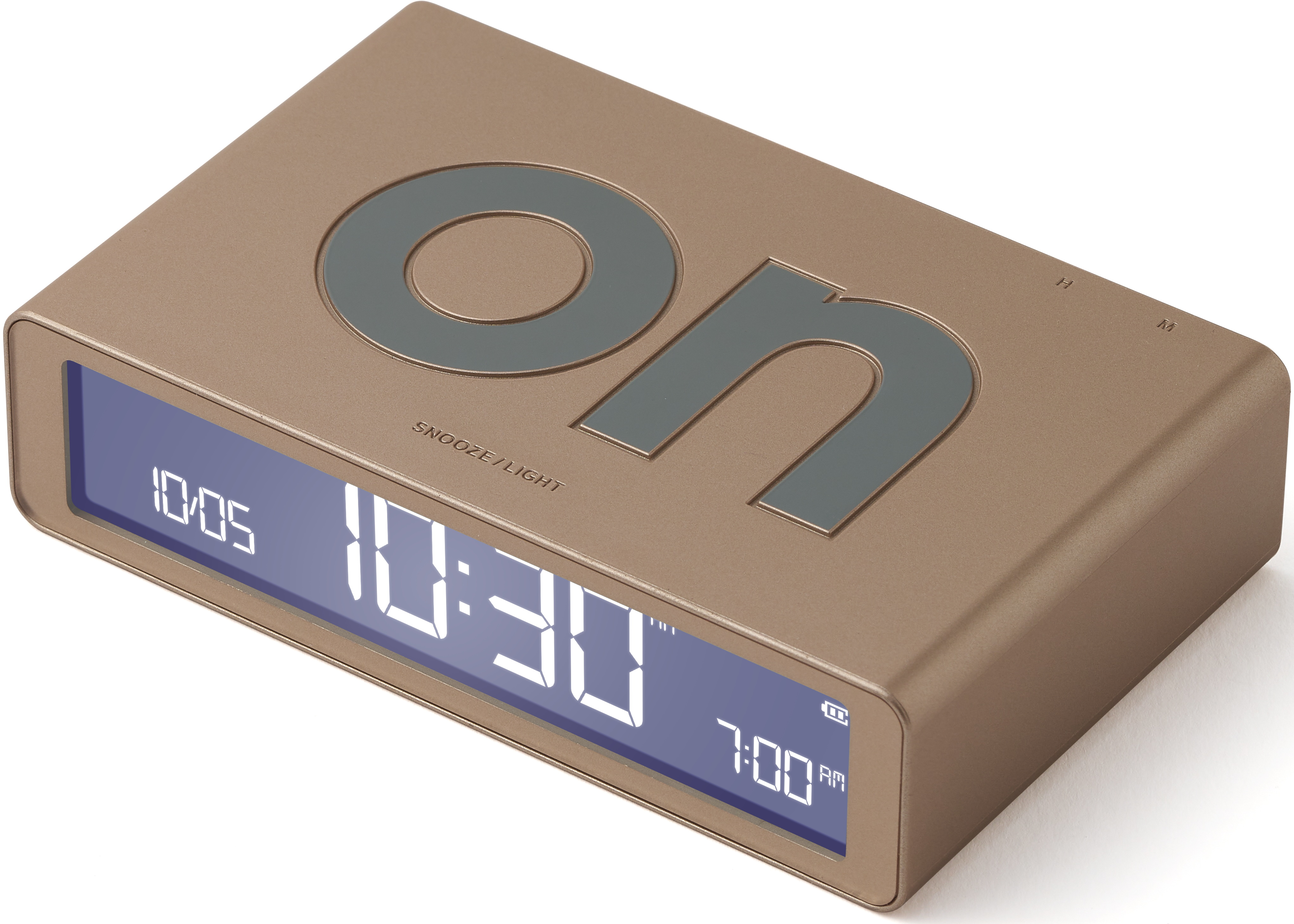 Sveglia digitale, marrone, con grandi lettere 'ON' e un display digitale dell'ora.