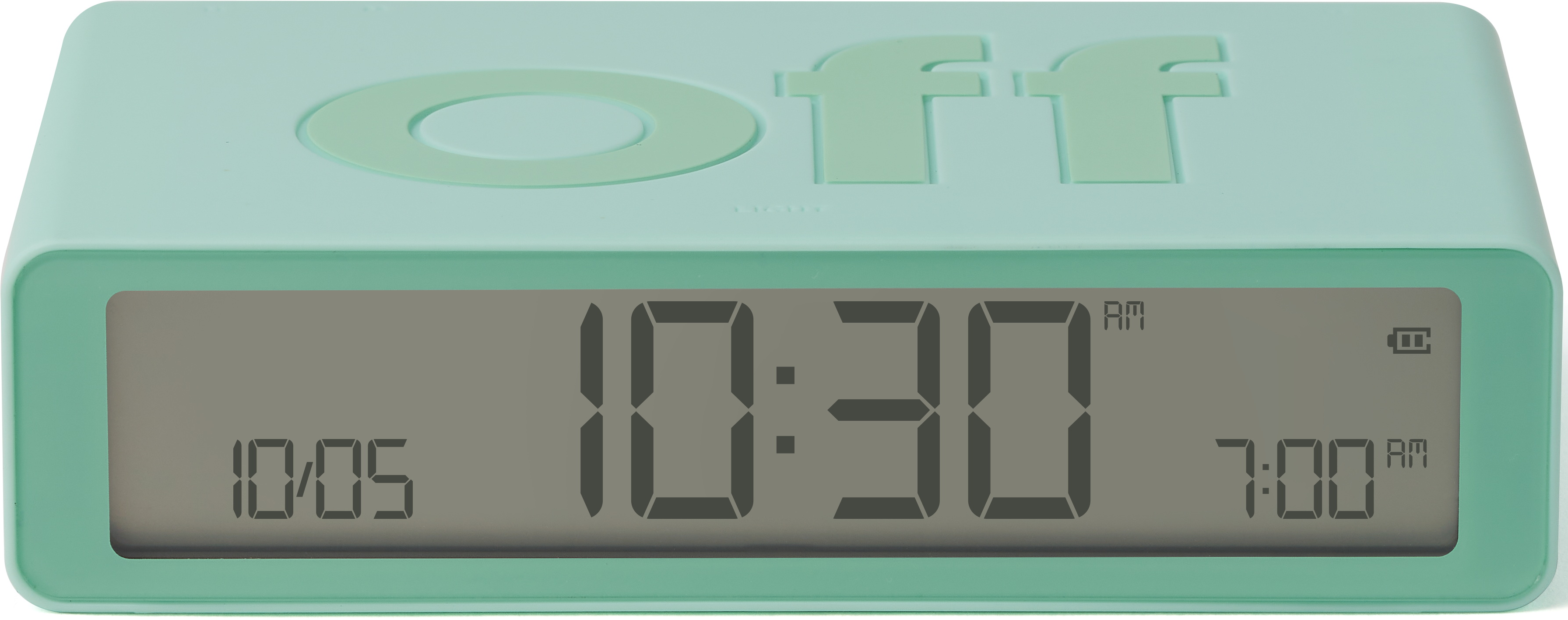 Una sveglia digitale verde menta mostra le 10:30.