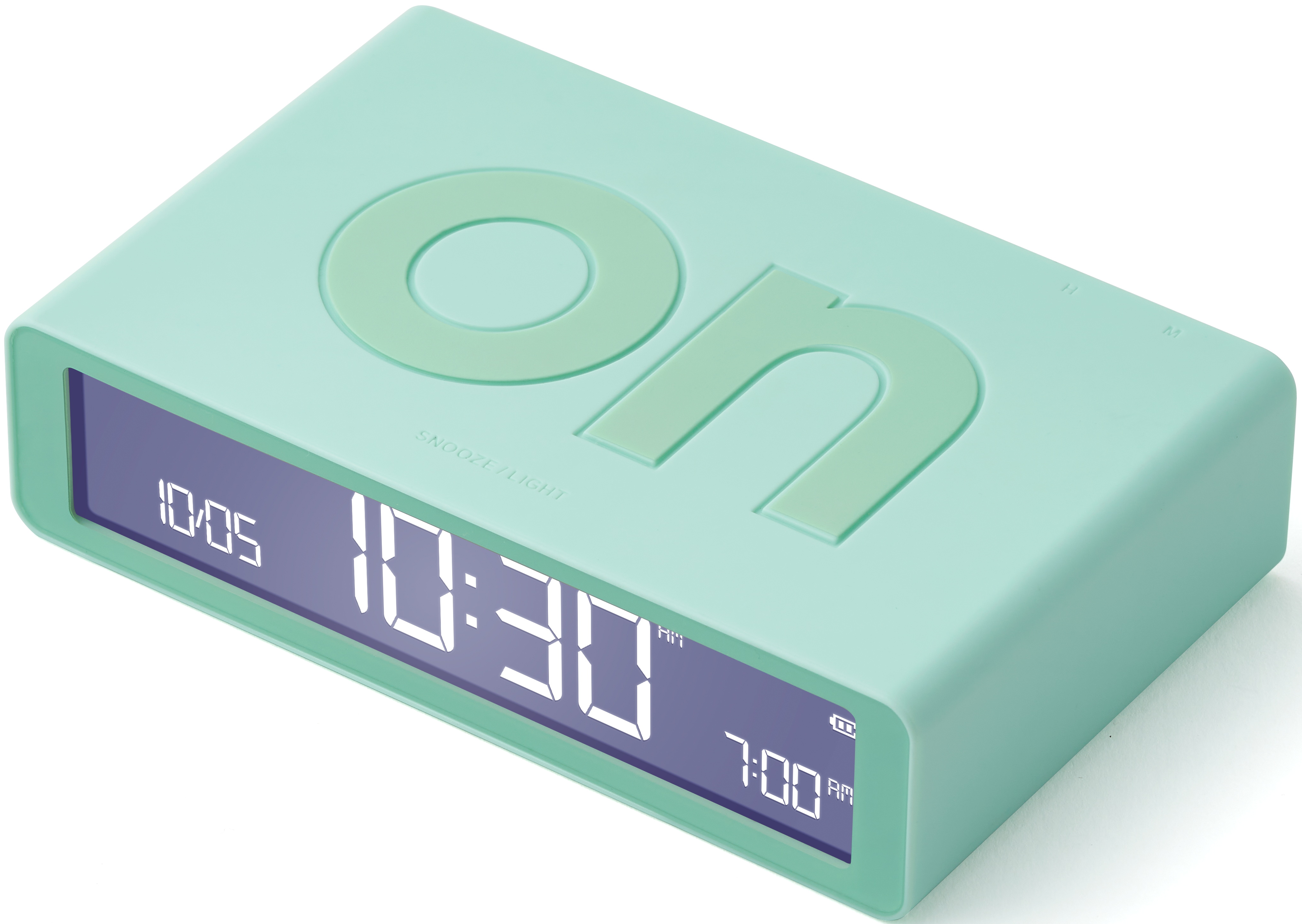 Una sveglia verde menta mostra 10:05, 10:30 e 7:00.