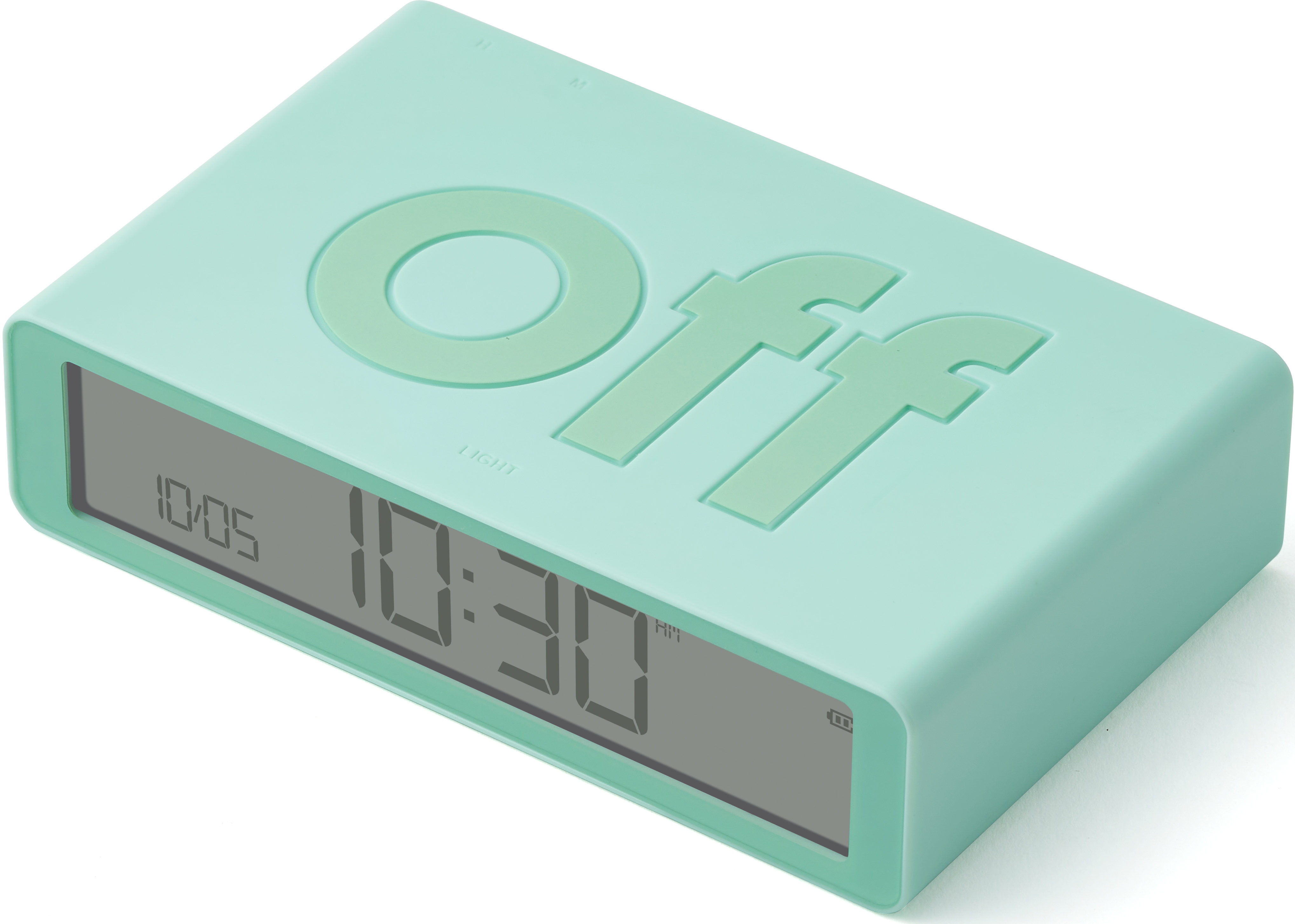 Una sveglia digitale verde acqua con la scritta "Off" e l'ora 10:30.