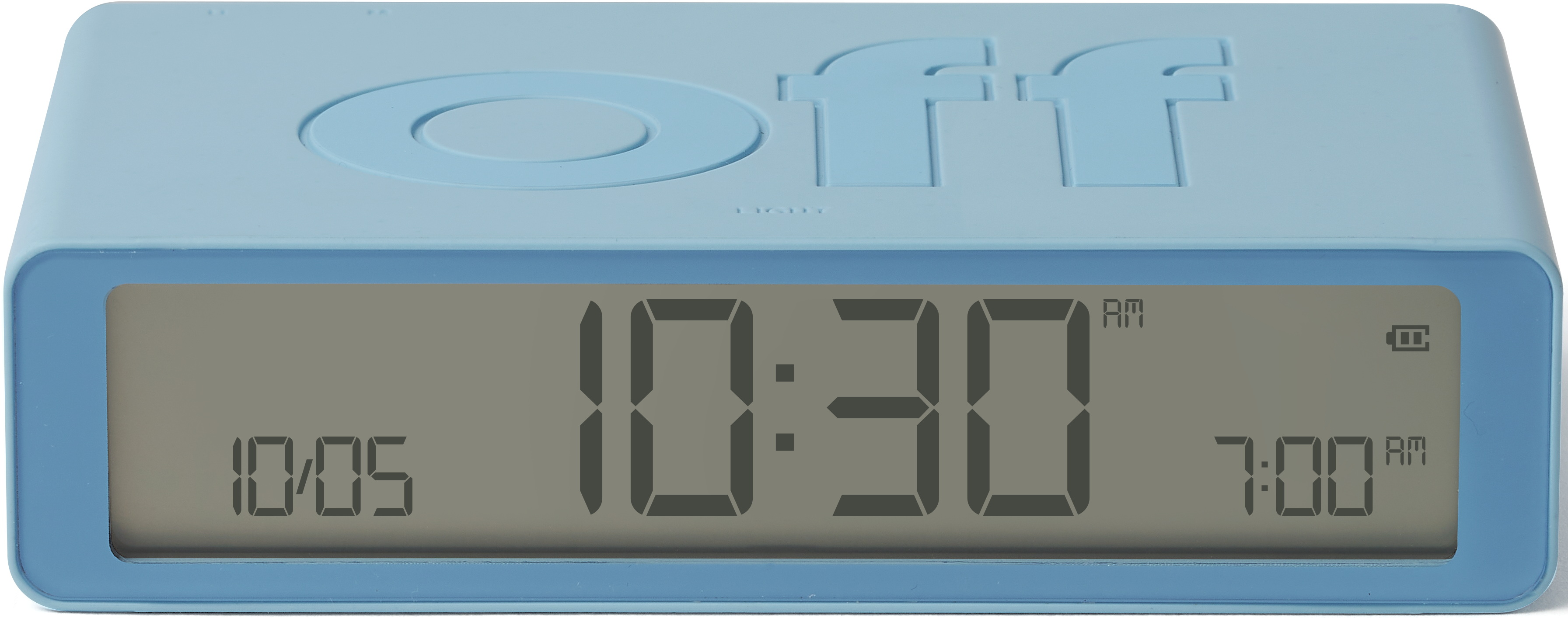 Sveglia blu. L'orologio segna le 10:30 e le 7:00. La parola 'off' è in alto.