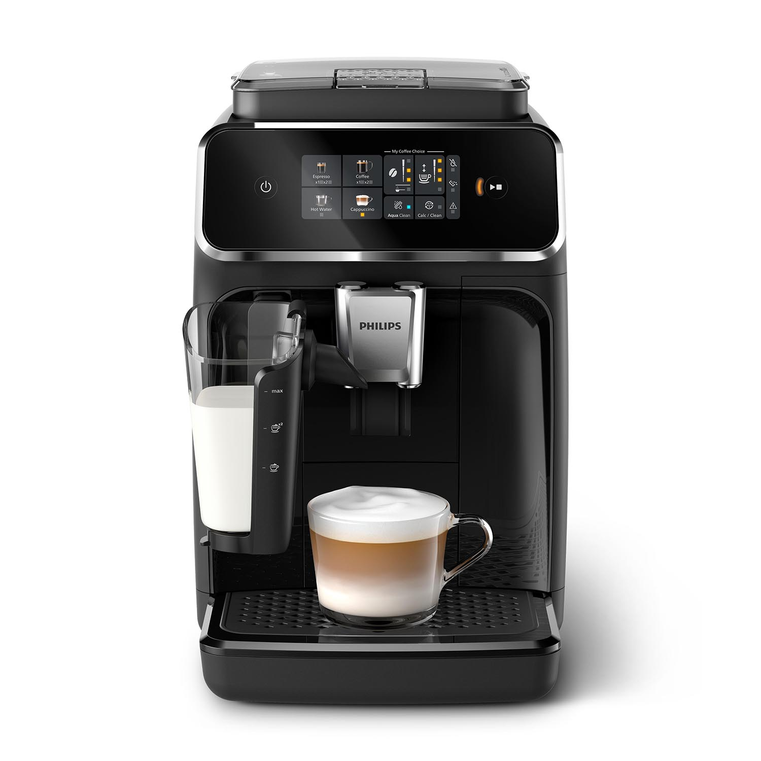 Macchina da caffè nera con latte e caffè.
