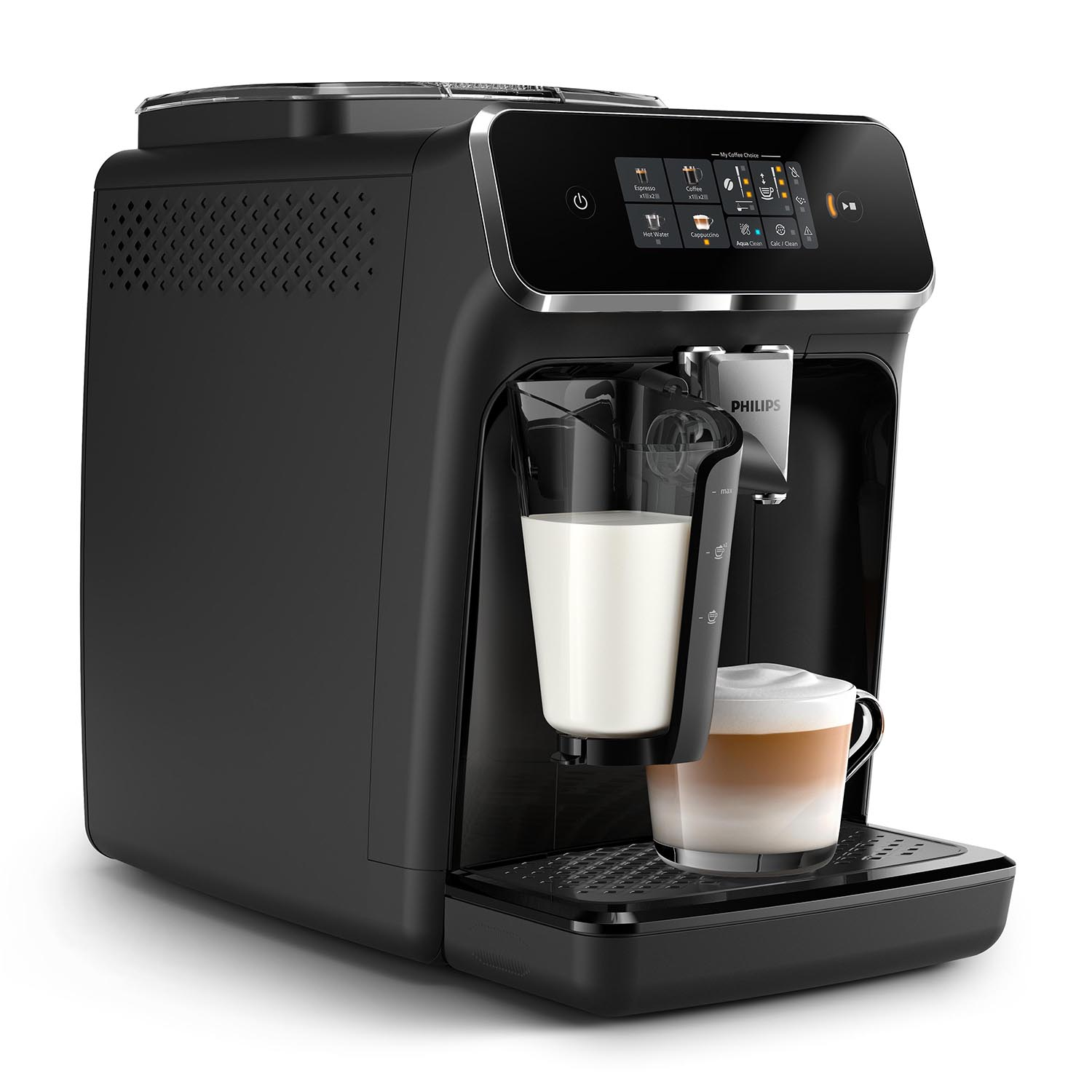 Macchina da caffè nera con dispenser di latte e tazza di latte macchiato.