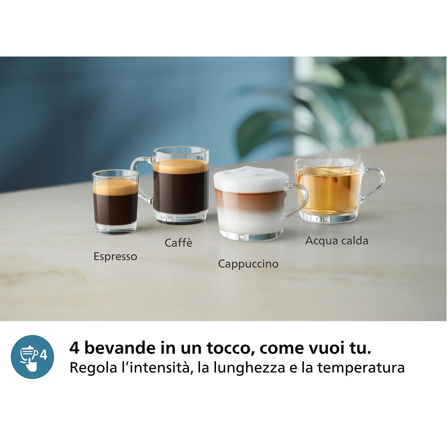 Quattro bevande al caffè: espresso, caffè, cappuccino e acqua calda, con testo italiano.