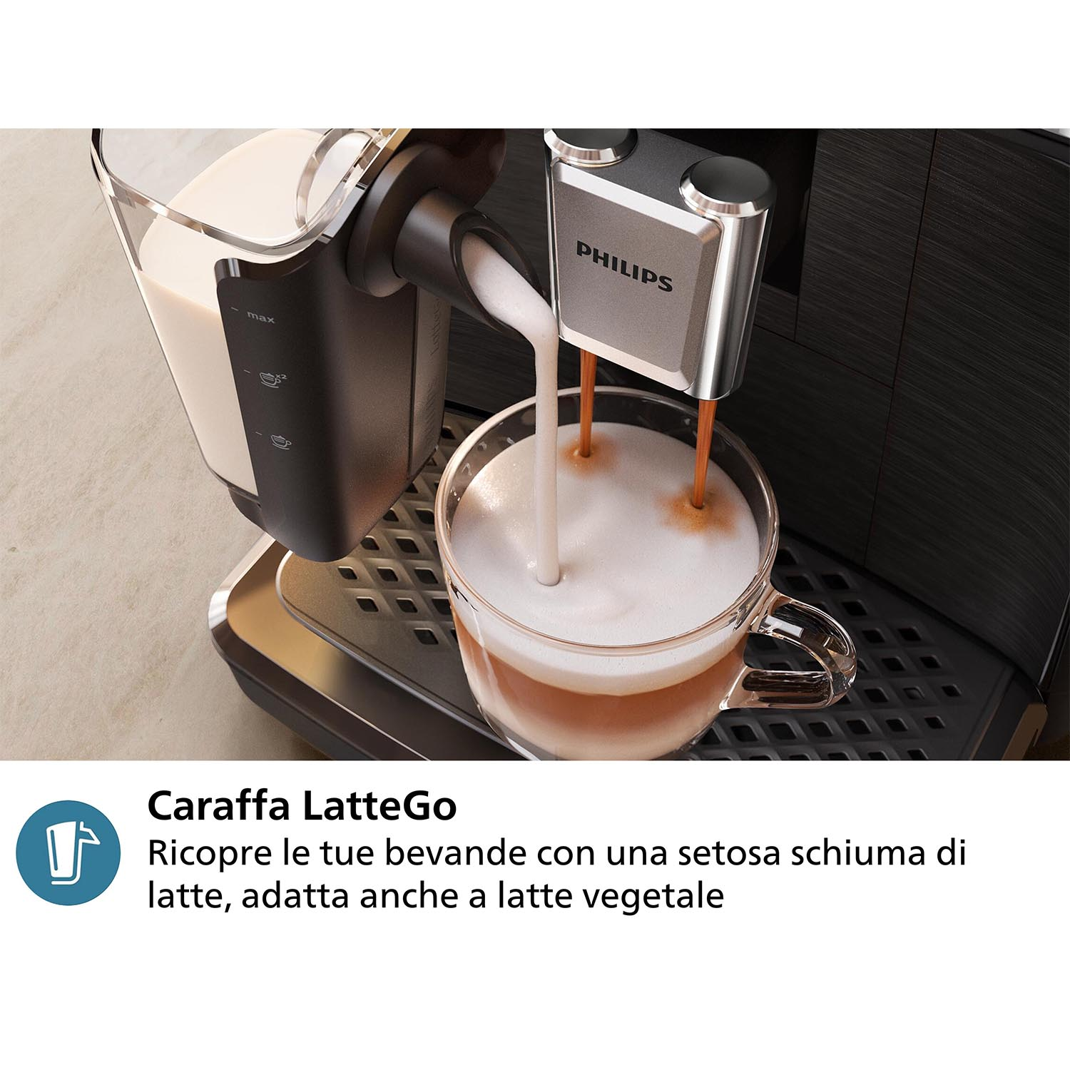 Macchina da caffè che versa latte in una tazza di vetro, con testo.