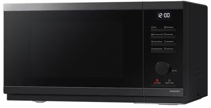 Czarny piekarnik mikrofalowy z wyświetlaczem cyfrowym i panelem sterowania po prawej stronie.