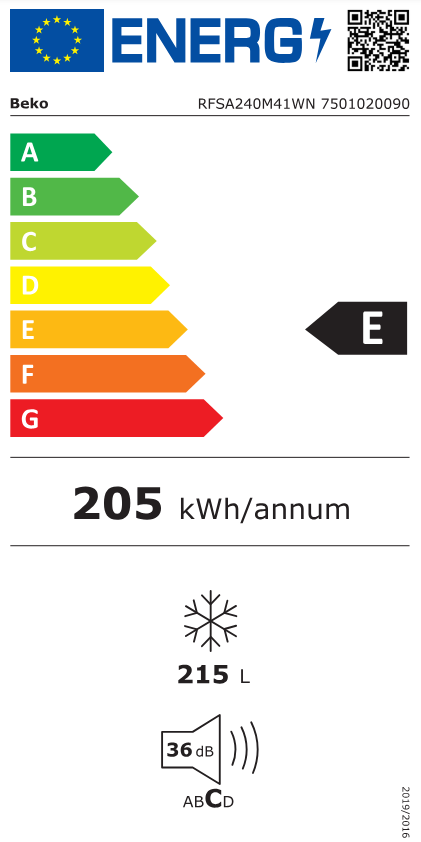 Energia címke egy Beko hűtőszekrényhez, amely az E energiahatékonysági osztályt mutatja.