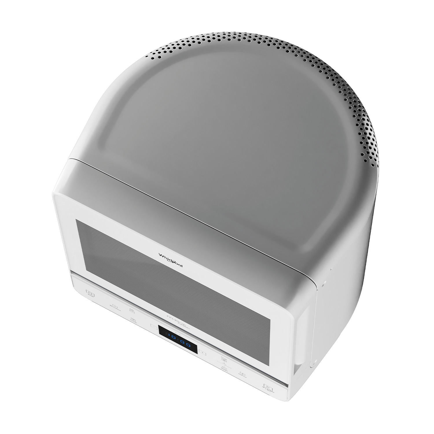 Forno a microonde bianco, vista dall'alto, con design superiore curvo. Il forno è su sfondo bianco.