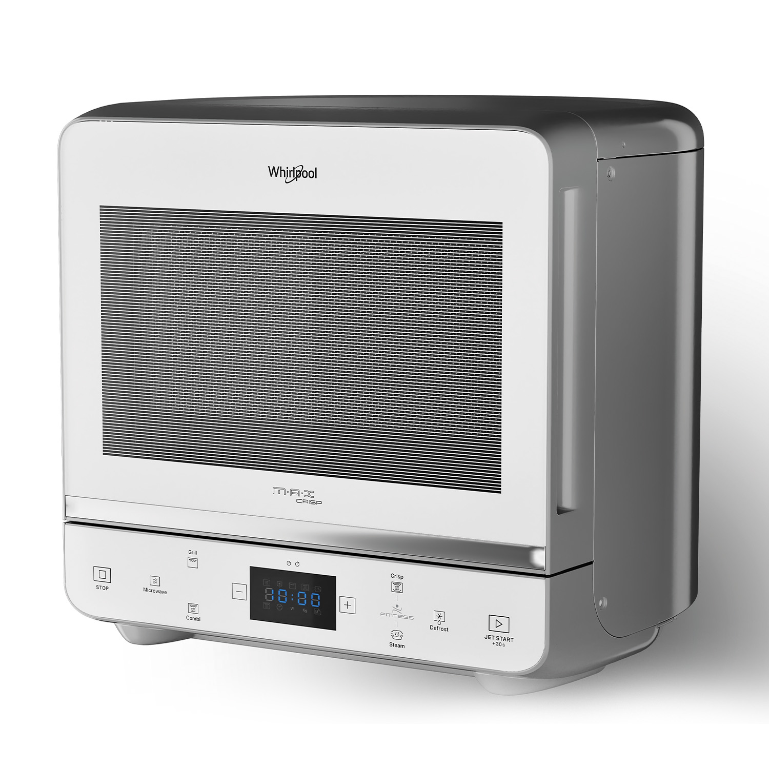 Un forno a microonde Whirlpool bianco con una griglia nera, il display mostra un timer.