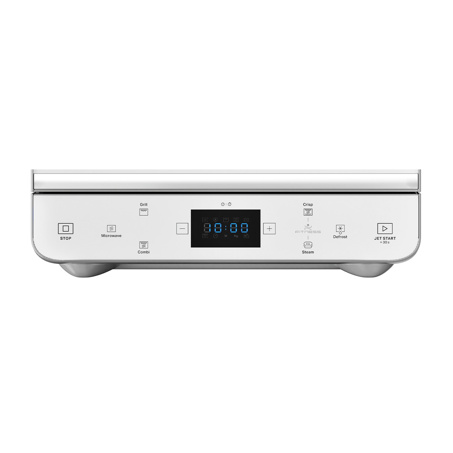 Pannello di controllo del forno a microonde bianco, con display e pulsanti, su sfondo bianco.