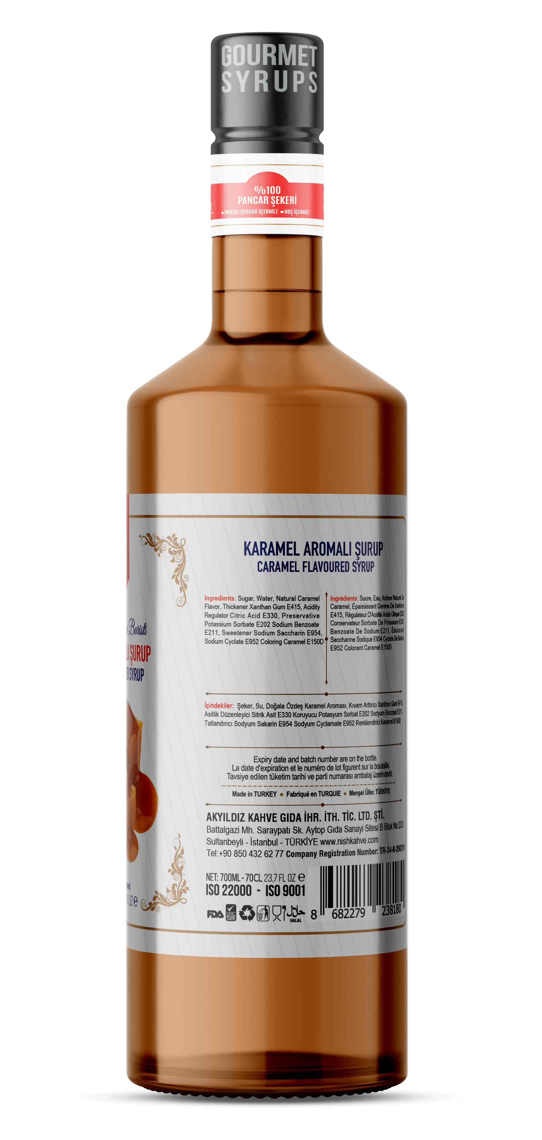 Karamel aromalı şurubun detaylarını gösteren bir etiketli şurup şişesi.