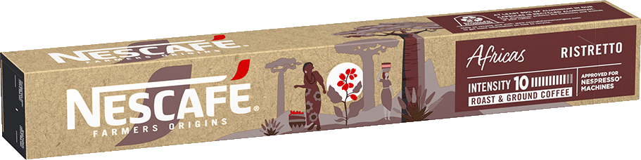Kávékapszula doboz Nescafe logóval, afrikai táj ábrázolásával és szöveggel.