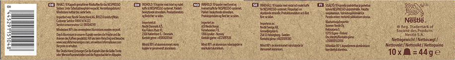 Csomag több nyelven írt szöveggel. Főleg barna háttér.